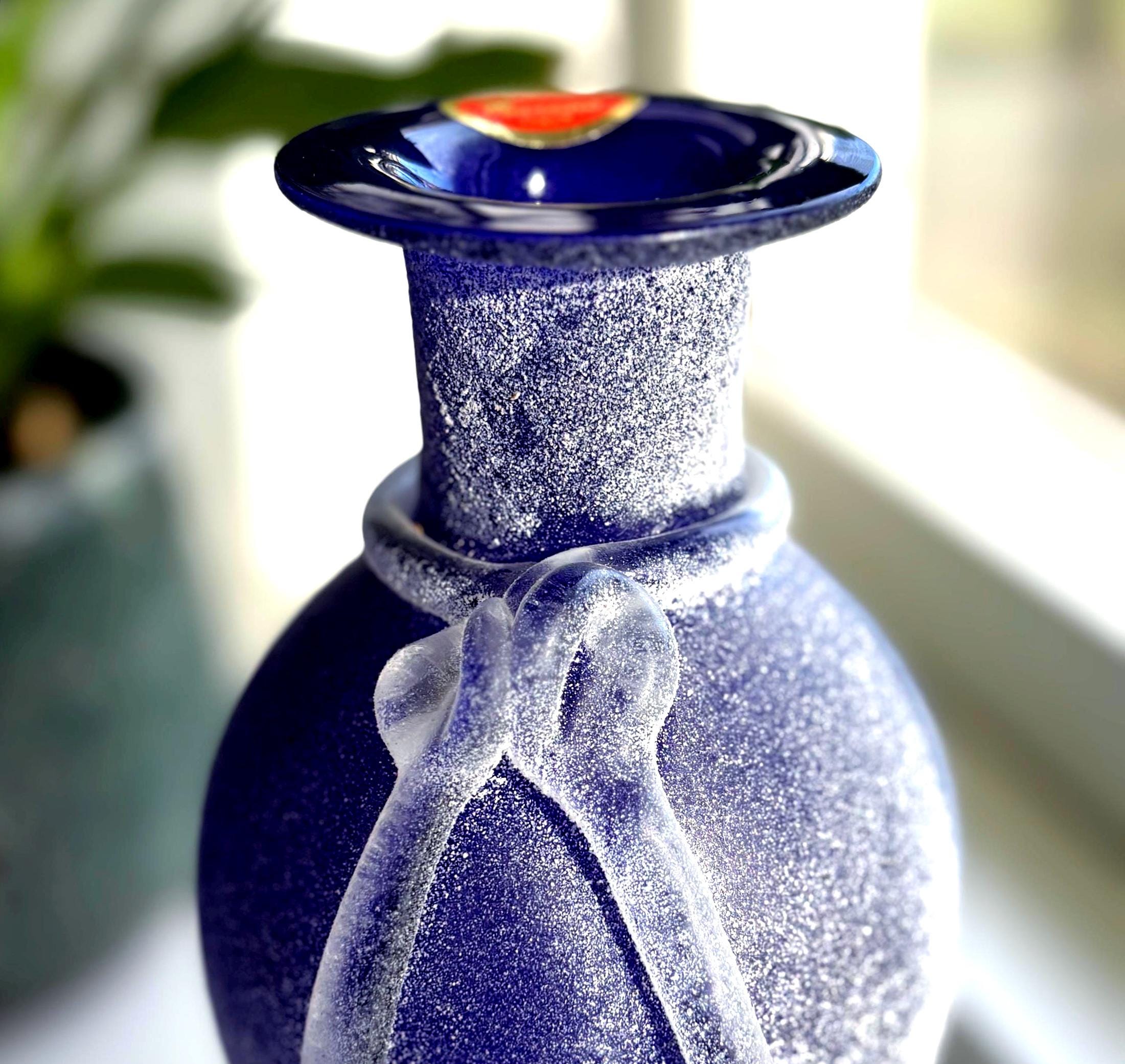 Vintage Murano Frosted Satin Art Glass Vase, Purple Blue, Original Label | Italian Decor