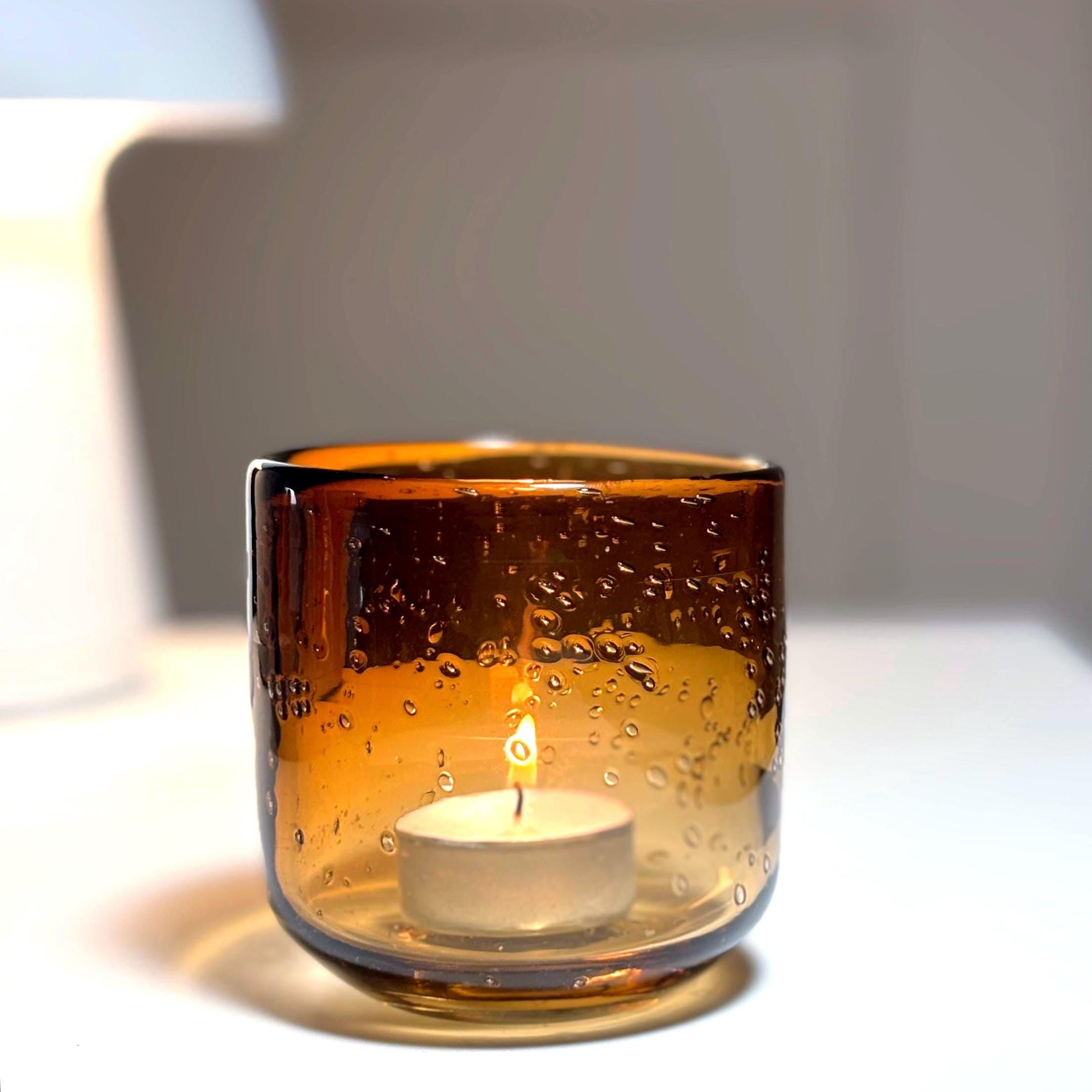 Vintage Kosta Boda Amber Bubble Glass Candle Holder, Erik Höglund Scandinavian Art Glass