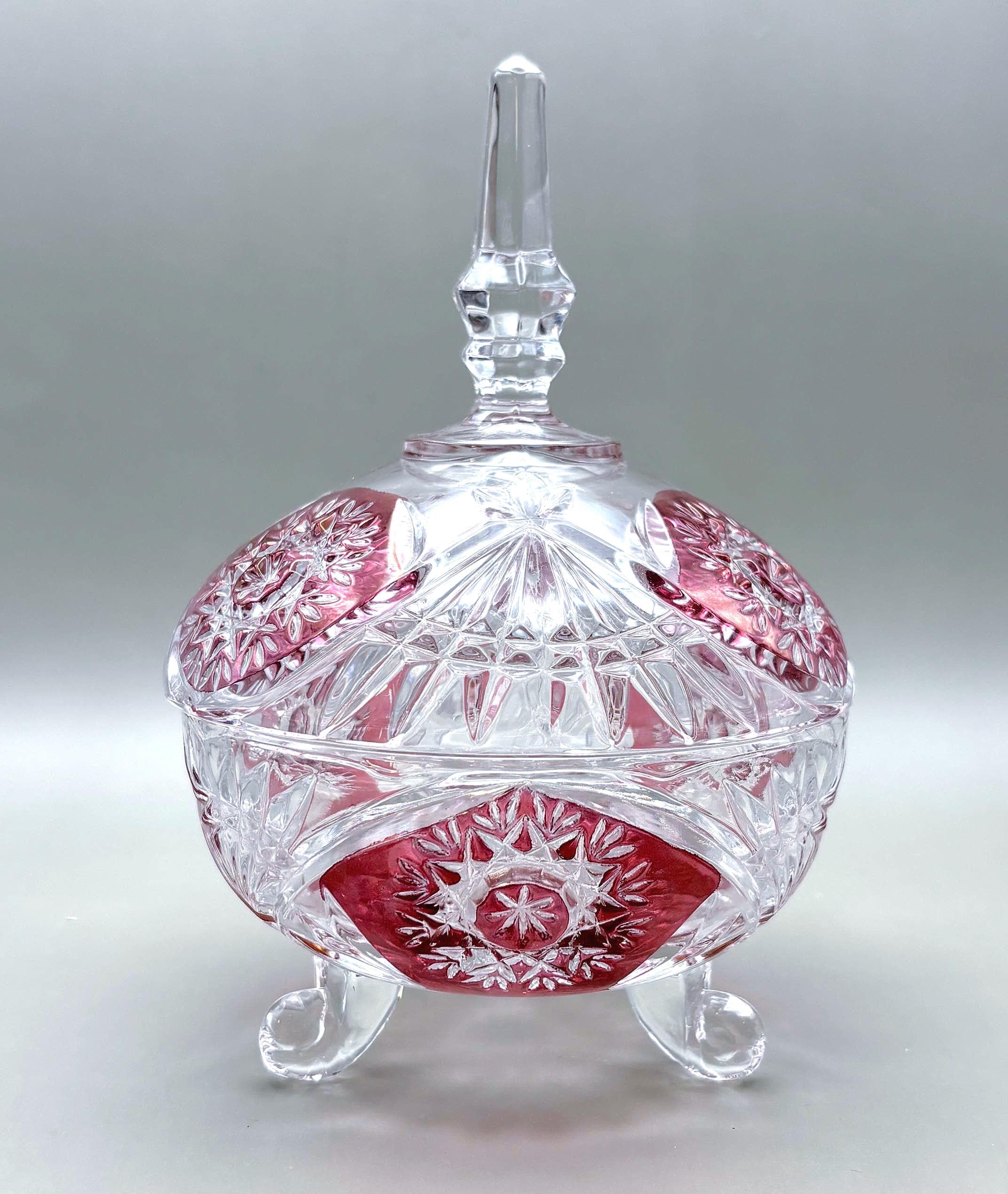 Bohemian Ruby Overlay Cut Crystal Candy Dish with Lid – Starburst Bonbonniere on Feet