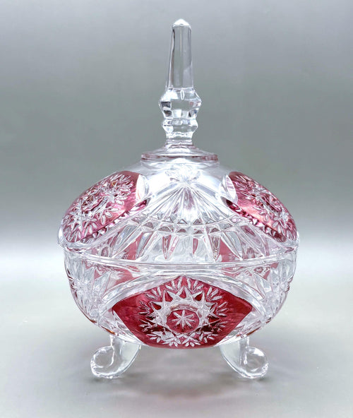 Bohemian Ruby Overlay Cut Crystal Candy Dish with Lid – Starburst Bonbonniere on Feet