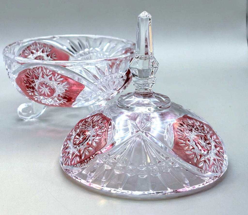 Bohemian Ruby Overlay Cut Crystal Candy Dish with Lid – Starburst Bonbonniere on Feet