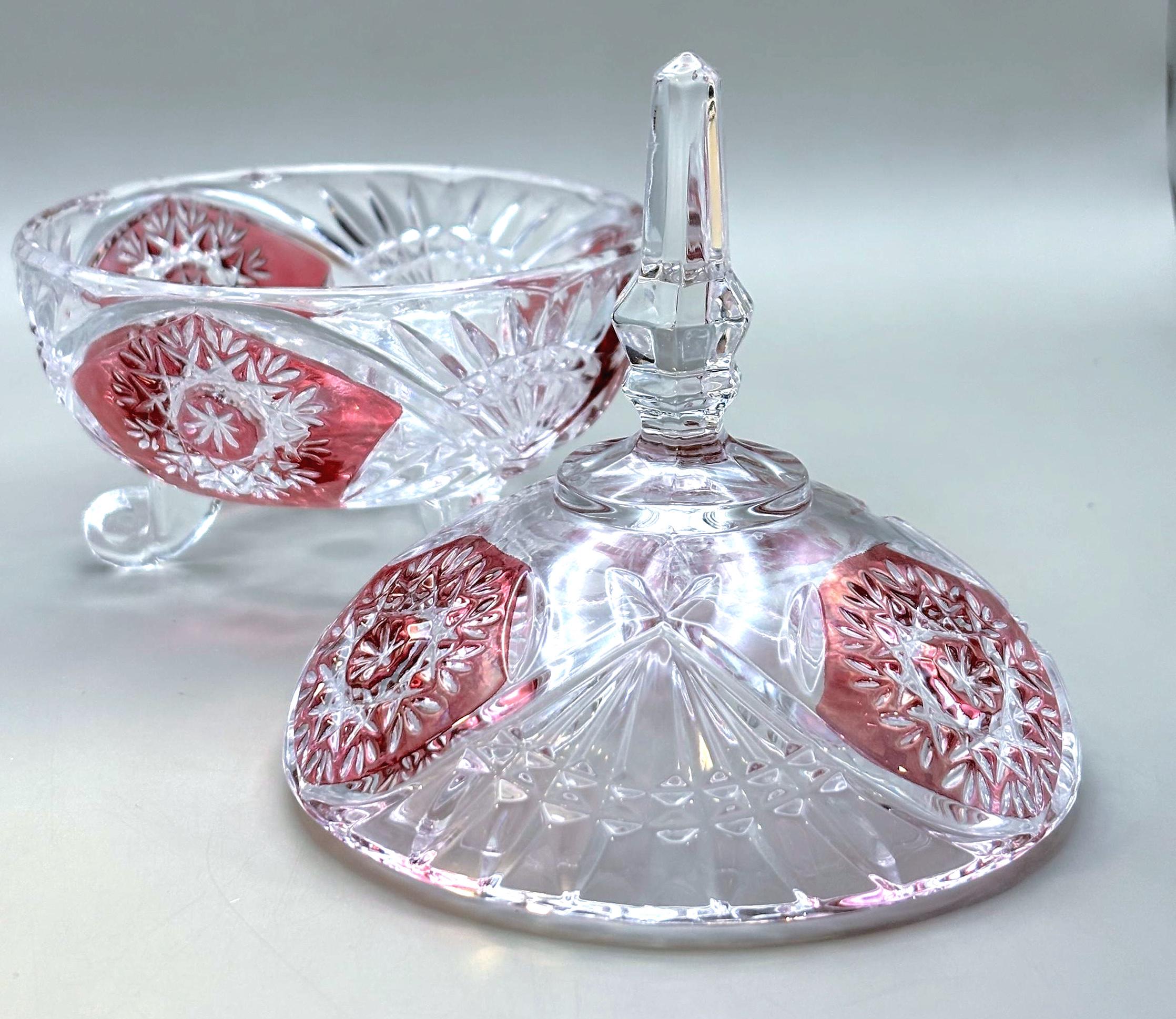Bohemian Ruby Overlay Cut Crystal Candy Dish with Lid – Starburst Bonbonniere on Feet