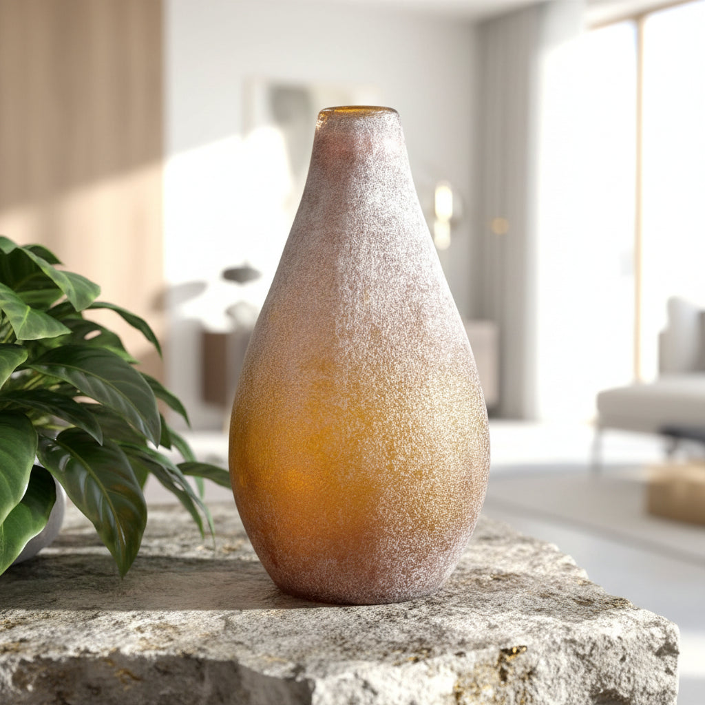Vintage Amber Frosted Art Glass Vase, Scandinavian | Mid-Century Design