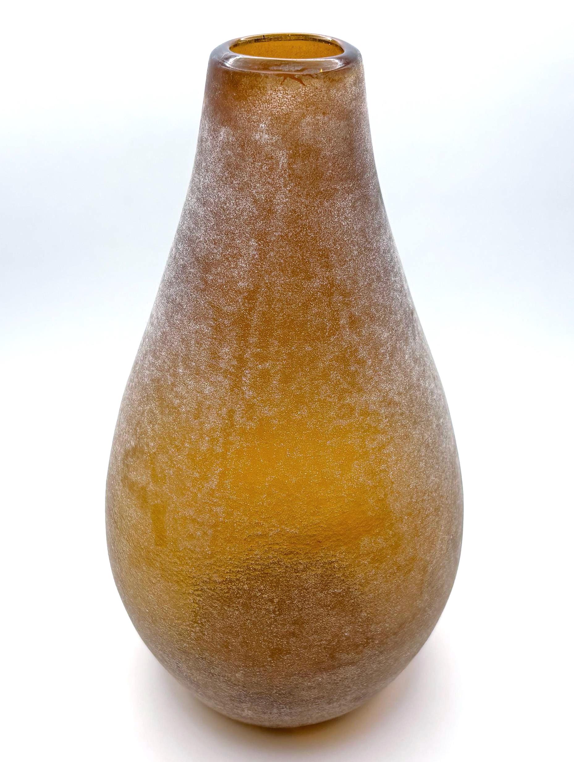 Vintage Amber Frosted Art Glass Vase, Scandinavian | Mid-Century Design