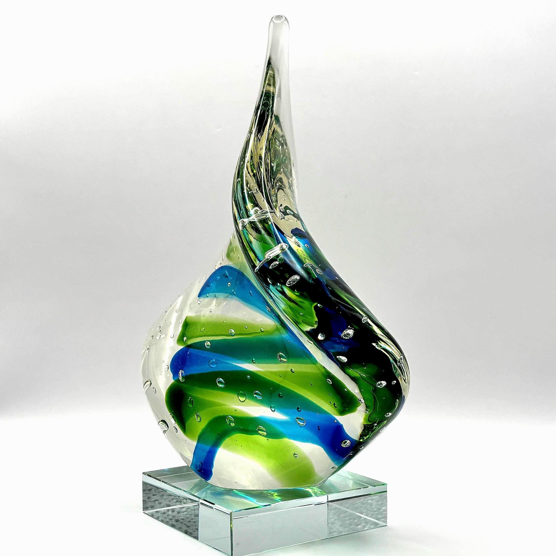 Vintage Bullicante Art Glass Sculpture, Blue Green Swirl | Mid-Century Modern
