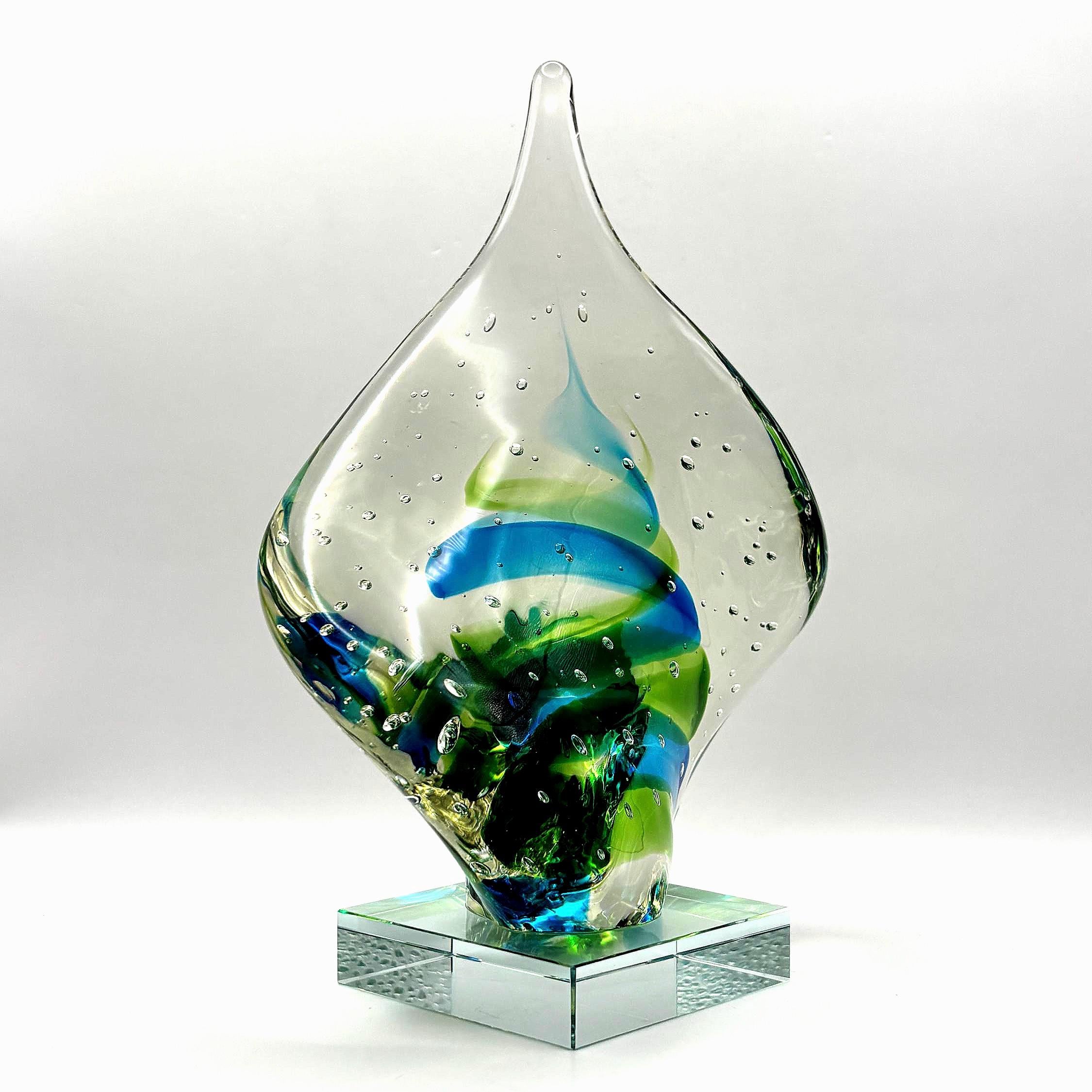 Vintage Bullicante Art Glass Sculpture, Blue Green Swirl | Mid-Century Modern