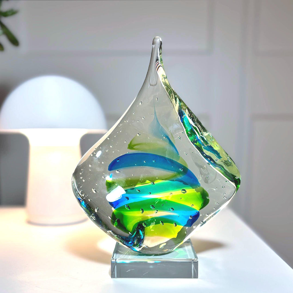 Vintage Bullicante Art Glass Sculpture, Blue Green Swirl | Mid-Century Modern