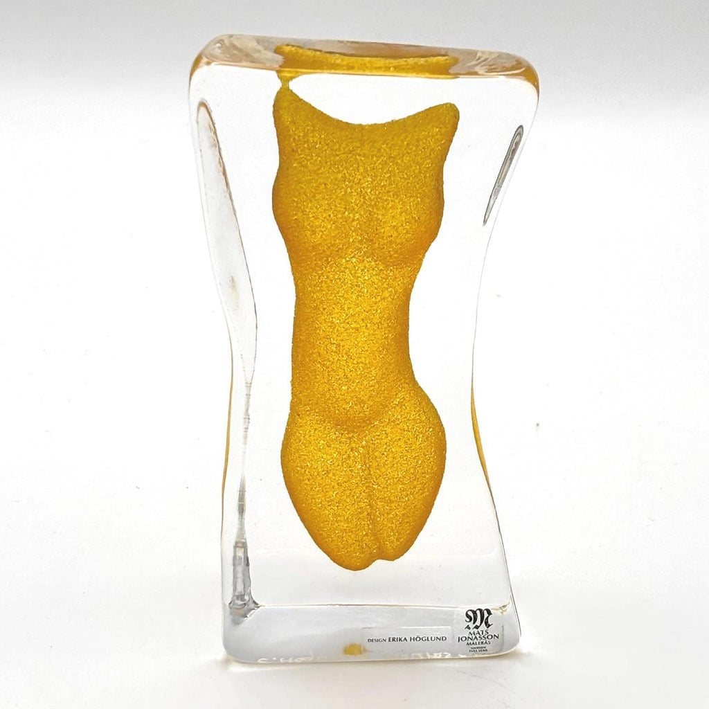 Vintage Erika Höglund Crystal Woman Sculpture, Yellow Art Glass, Målerås Sweden