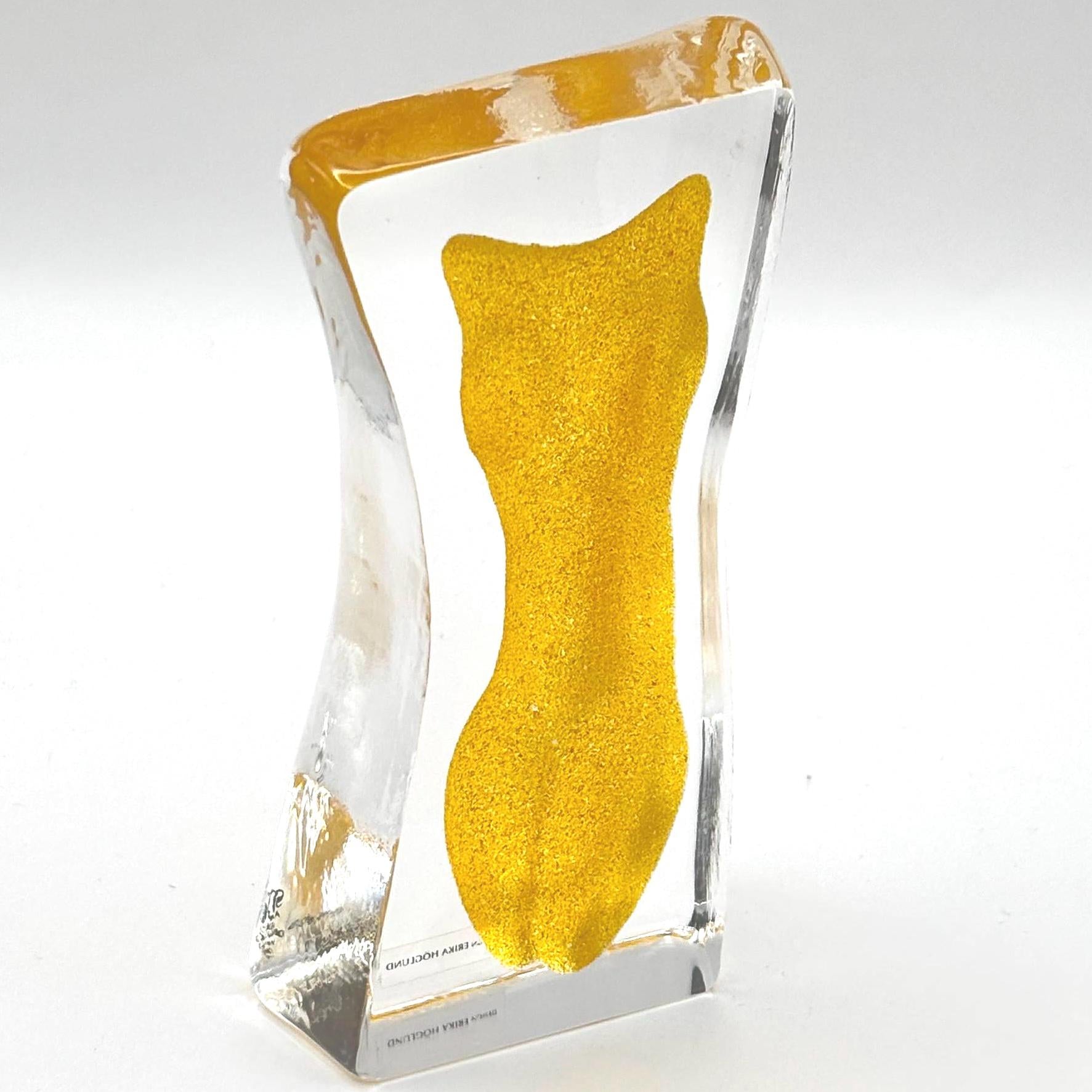 Vintage Erika Höglund Crystal Woman Sculpture, Yellow Art Glass, Målerås Sweden