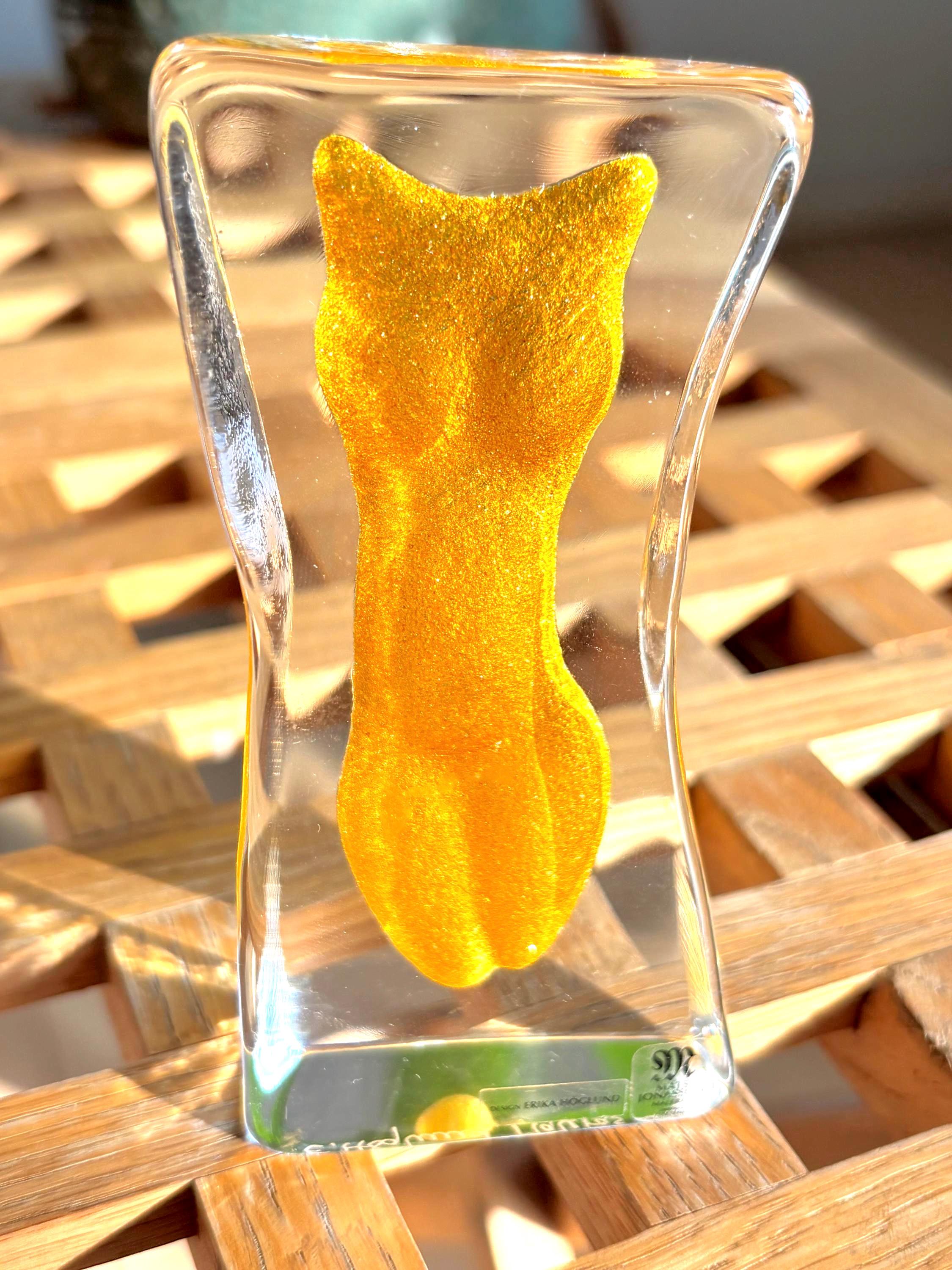 Vintage Erika Höglund Crystal Woman Sculpture, Yellow Art Glass, Målerås Sweden