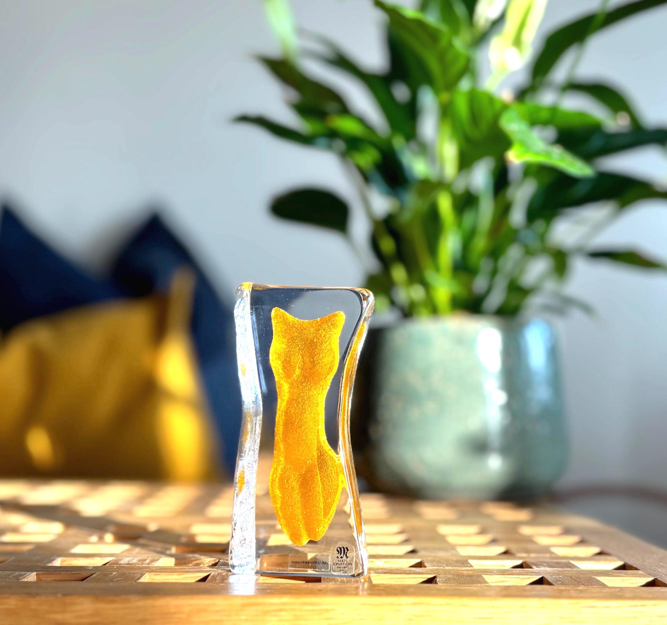 Vintage Erika Höglund Crystal Woman Sculpture, Yellow Art Glass, Målerås Sweden
