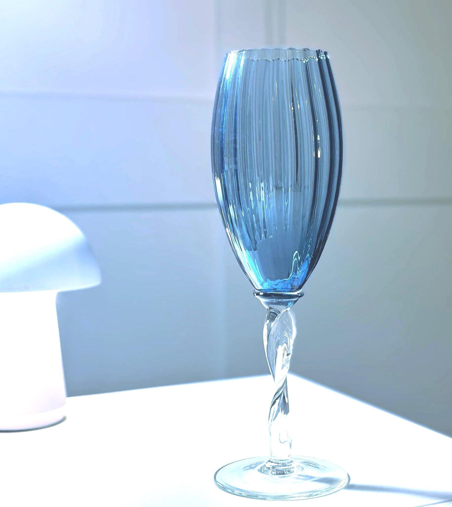 Vintage Empoli Blue Glass Vase, Tall Ribbed | Italian Art Glass