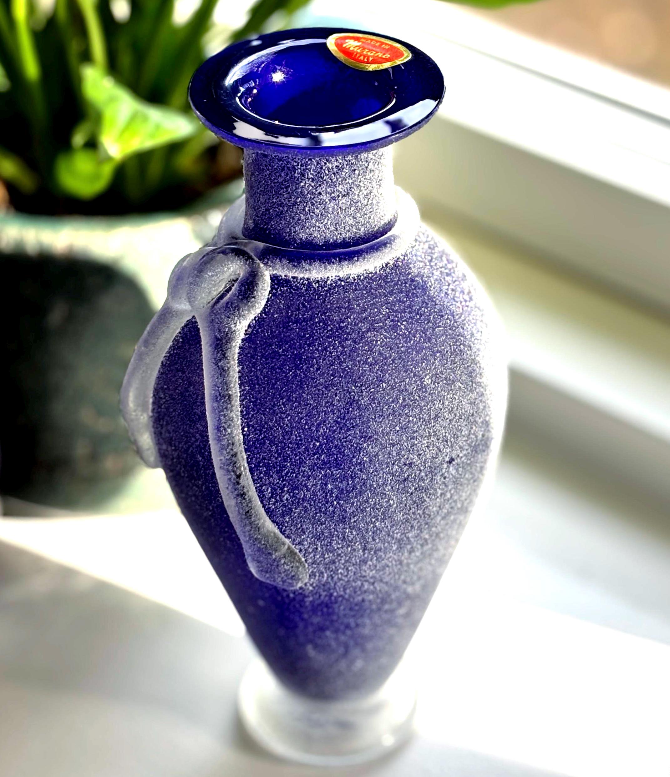 Vintage Murano Frosted Satin Art Glass Vase, Purple Blue, Original Label | Italian Decor