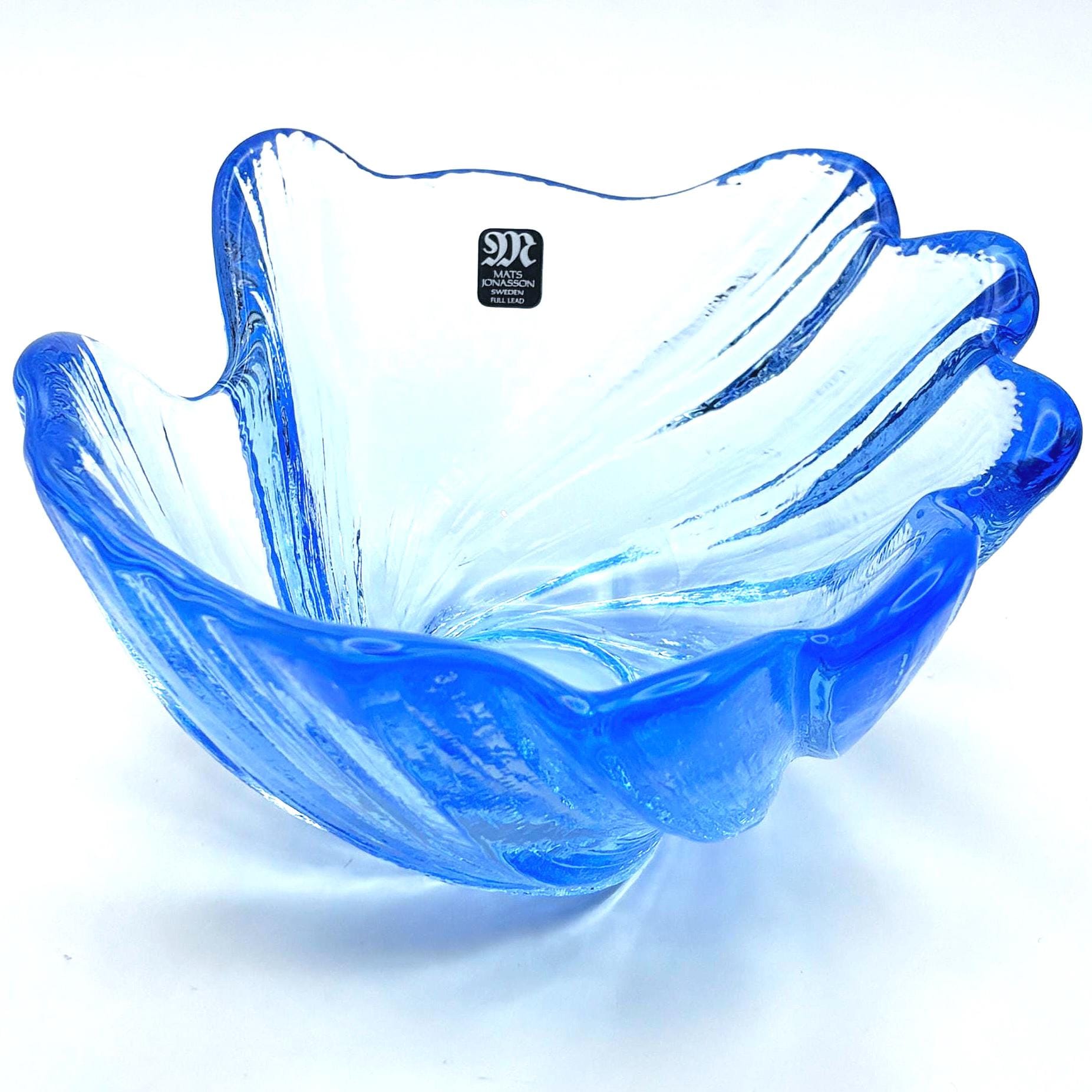 Mats Jonasson Målerås Blue Art Glass Swirl Bowl, Hand Signed Swedish Glass 15cm