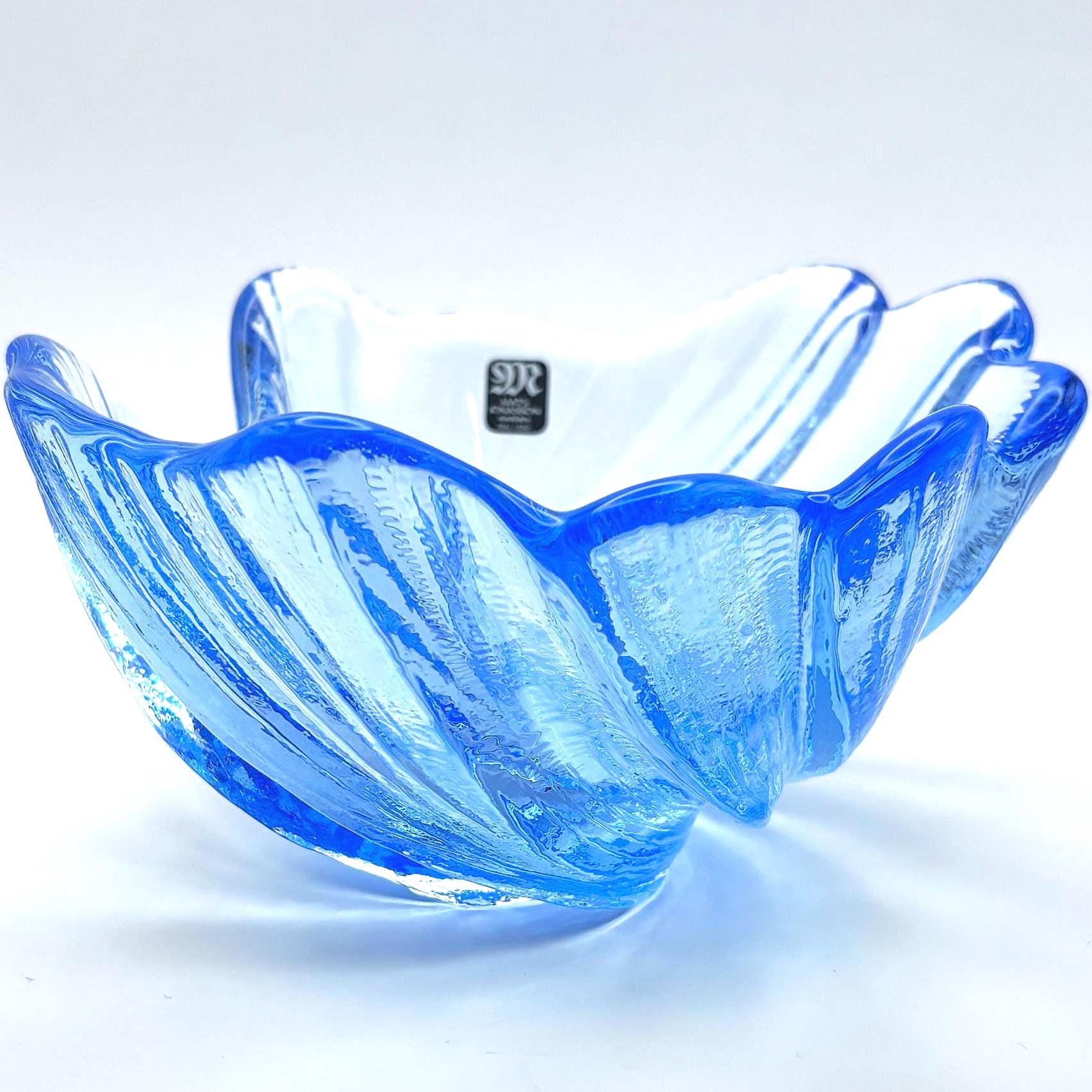 Mats Jonasson Målerås Blue Art Glass Swirl Bowl, Hand Signed Swedish Glass 15cm