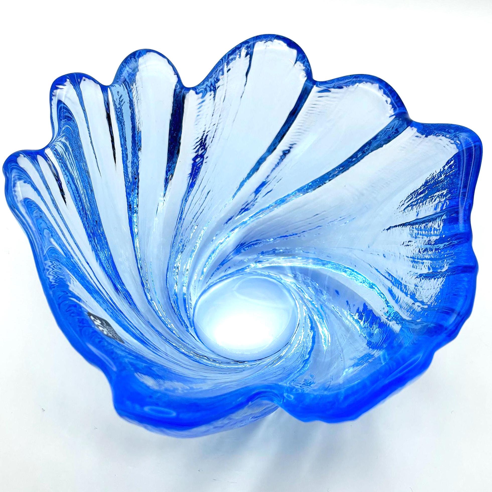 Mats Jonasson Målerås Blue Art Glass Swirl Bowl, Hand Signed Swedish Glass 15cm