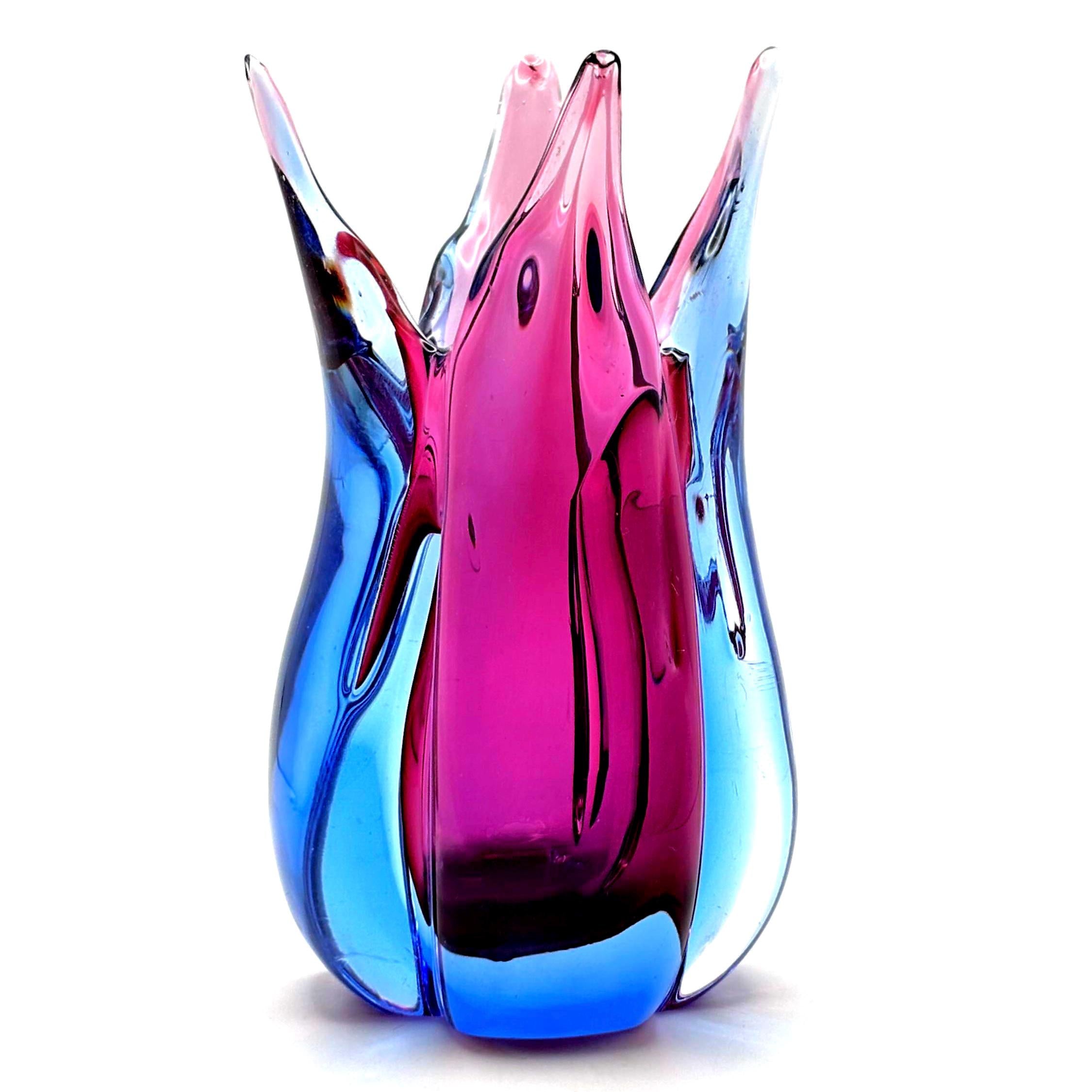 Murano Sommerso Glass Vase | Pink Blue Italian Art Glass Sculpture