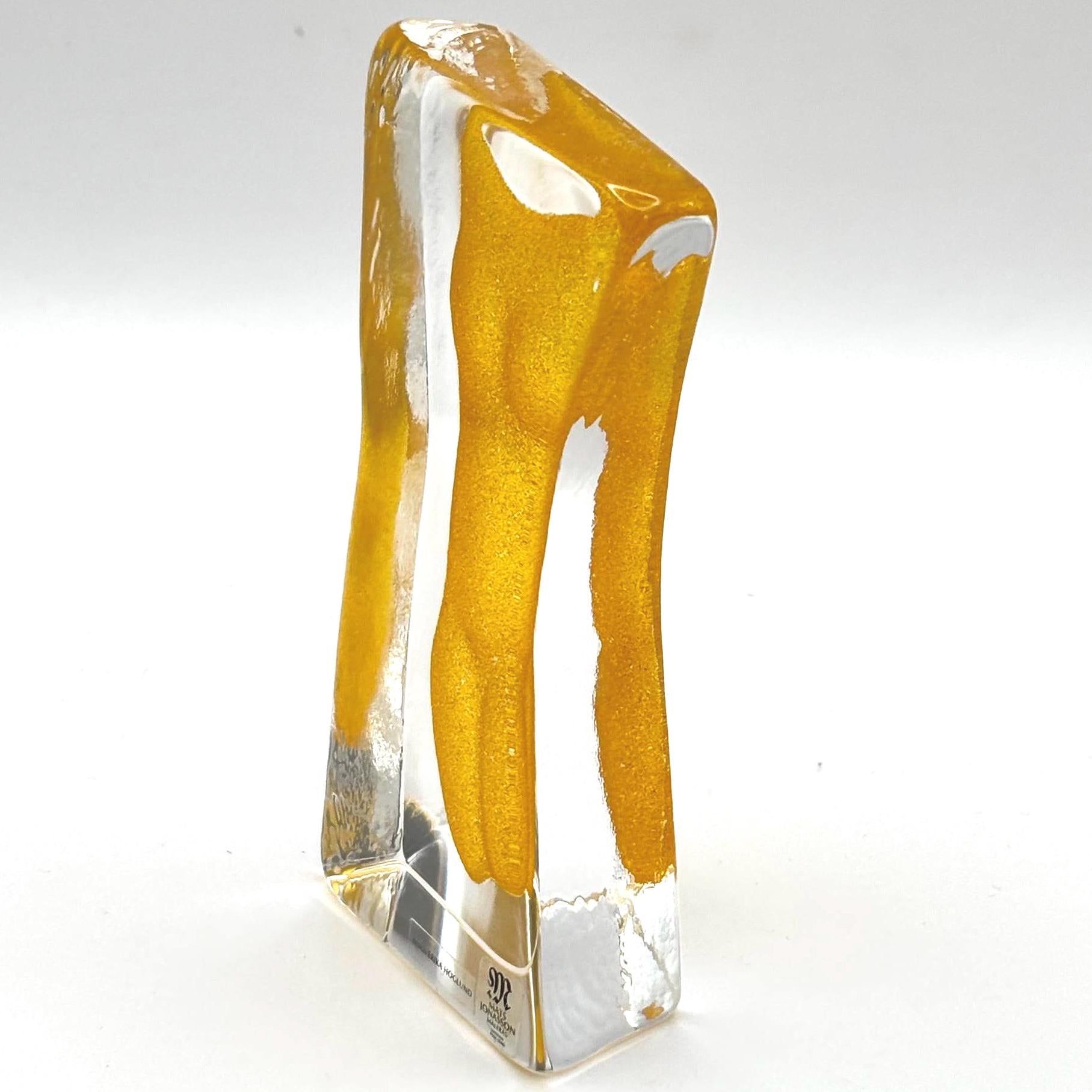 Vintage Erika Höglund Crystal Woman Sculpture, Yellow Art Glass, Målerås Sweden