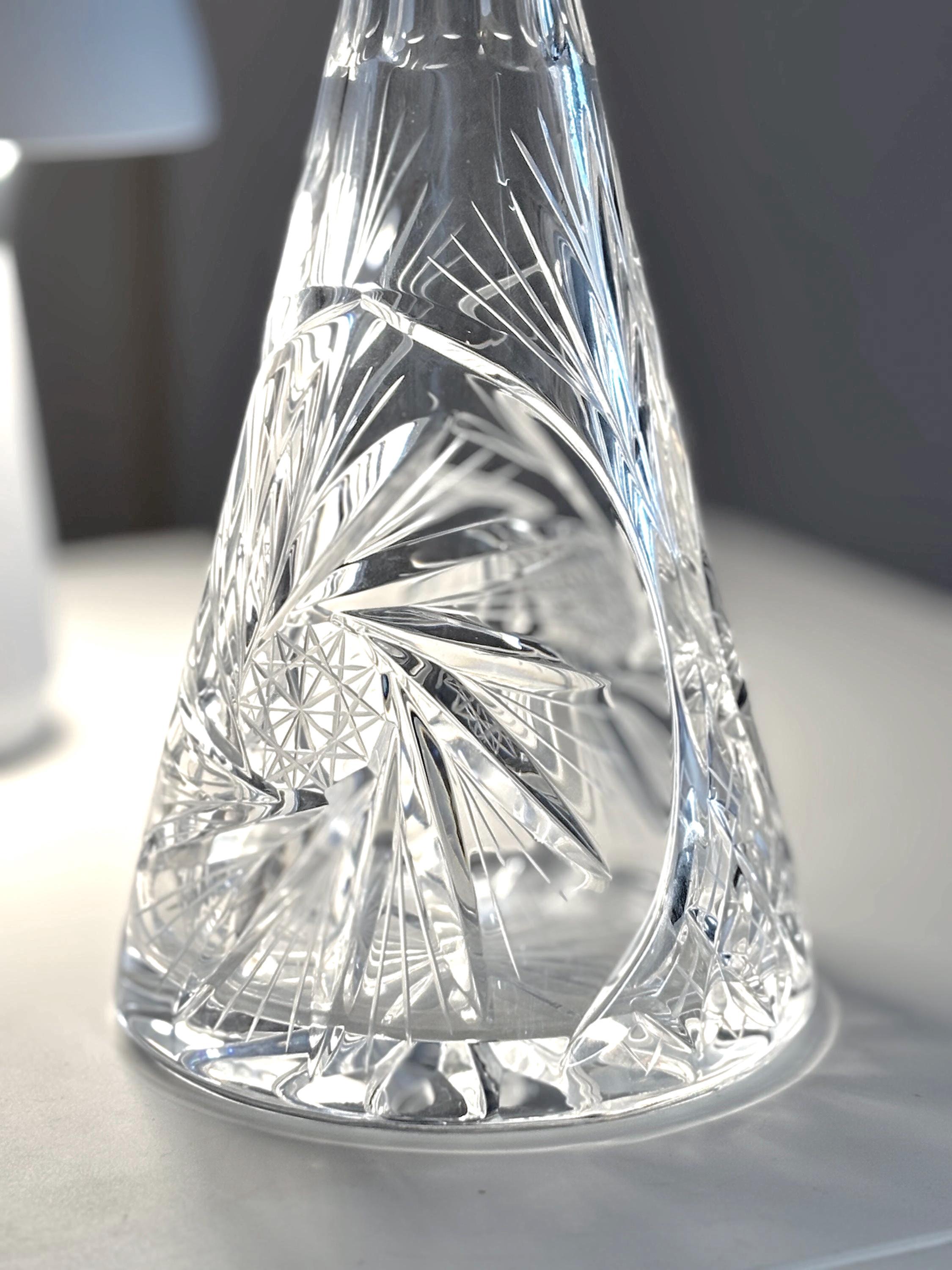 Bohemian Cut Crystal Decanter, Tall European Hand-Cut Glass Stoppered Bottle