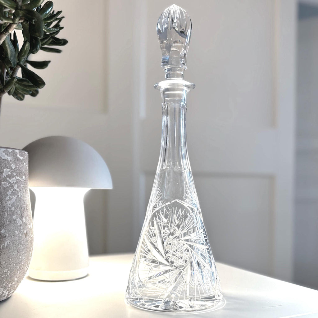Bohemian Cut Crystal Decanter, Tall European Hand-Cut Glass Stoppered Bottle
