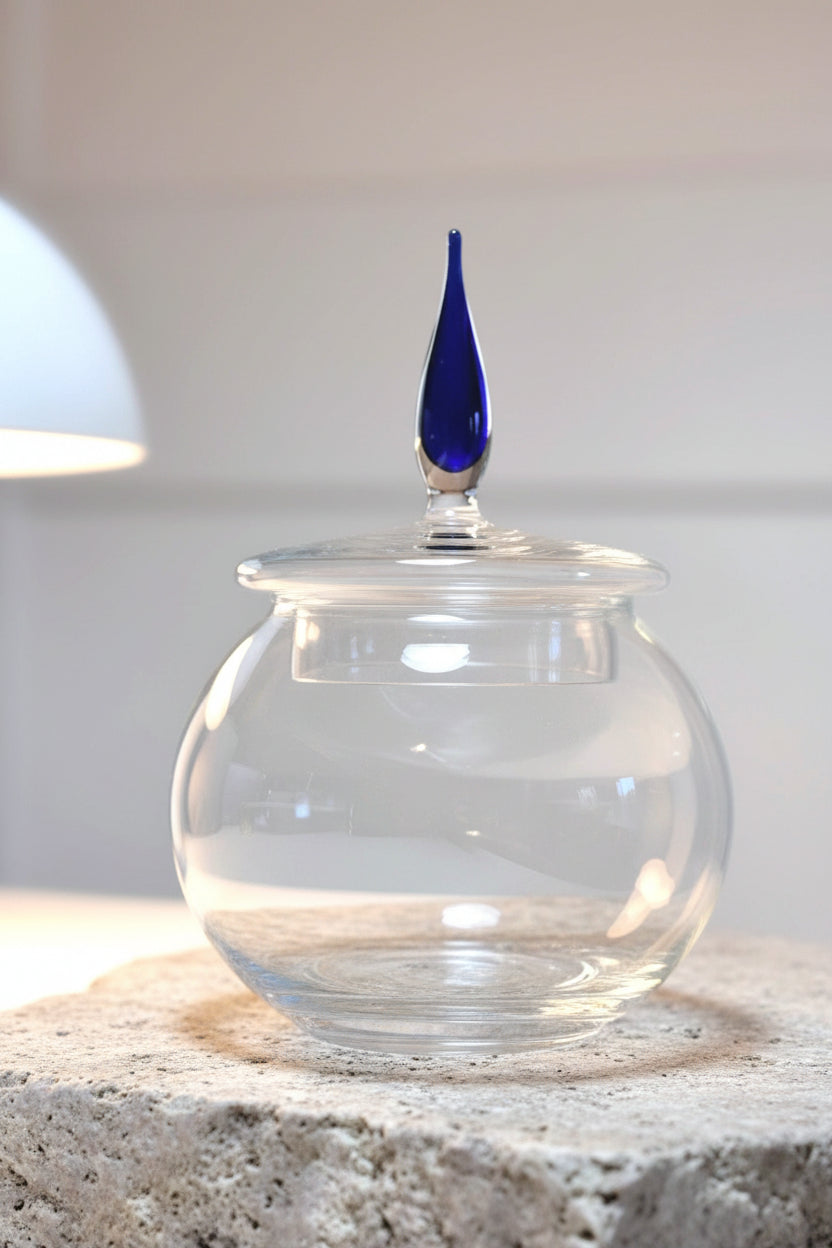 Cristal d’Arques, Exclusive Crystal Bonbonnière with Blue Finial Lid | Luxury French Crystal