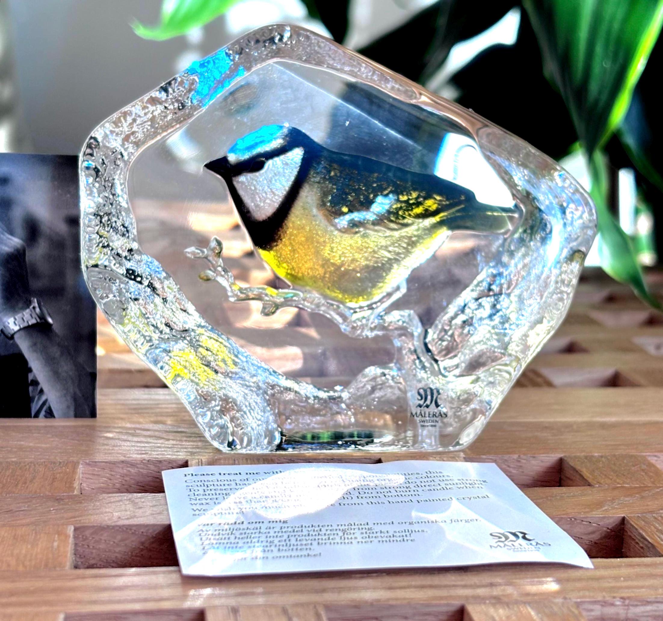 Mats Jonasson, Målerås, Crystal Blue Tit Bird Sculpture, Signed | Scandinavian Luxury Decor