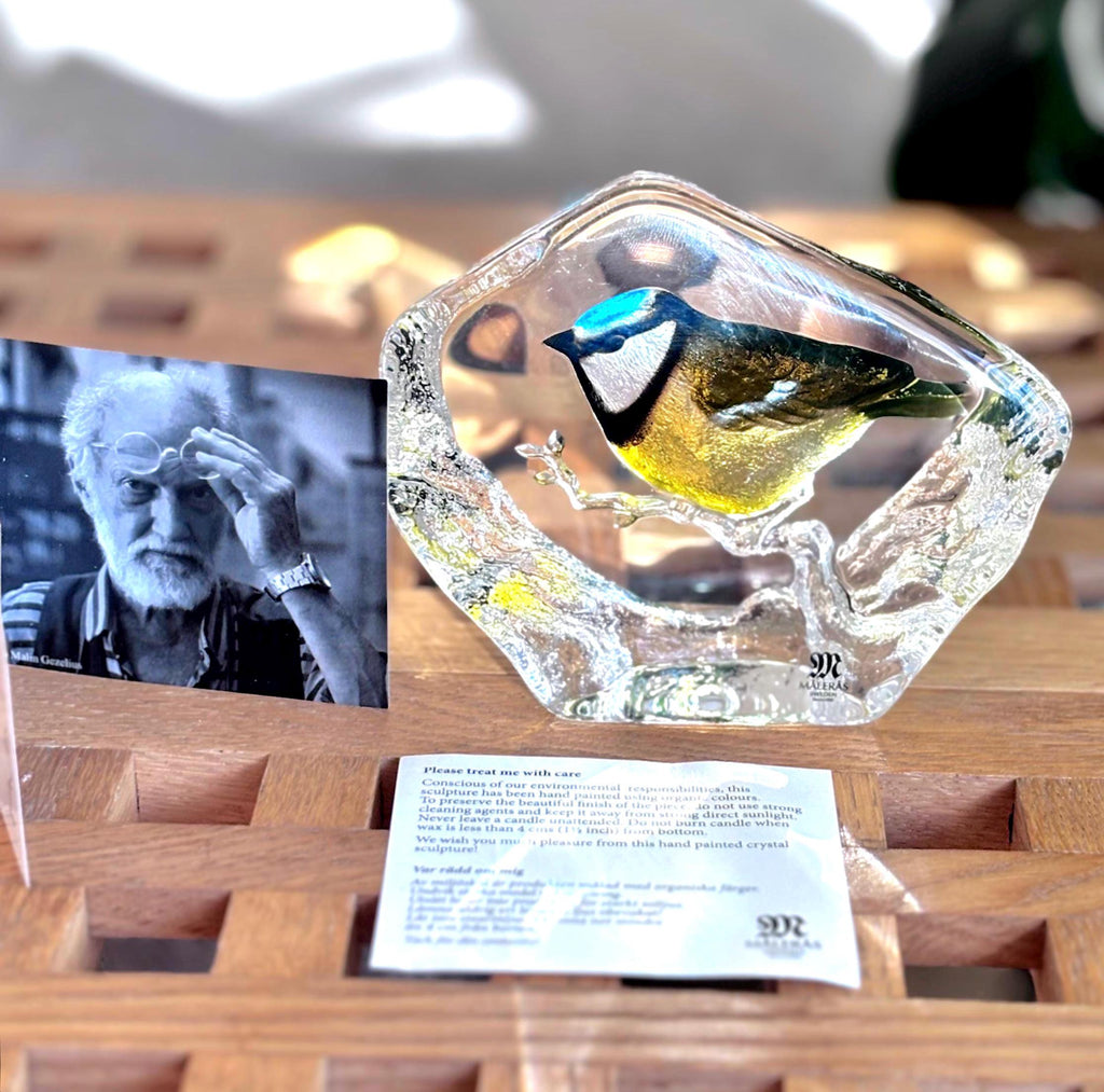 Mats Jonasson, Målerås, Crystal Blue Tit Bird Sculpture, Signed | Scandinavian Luxury Decor
