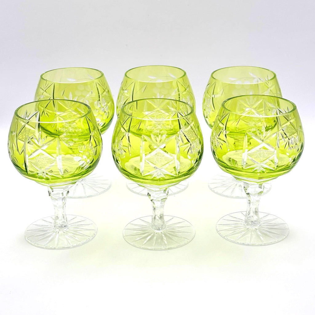 Set of 6 Bohemian Cut Crystal Cordial Glasses, Lime Green Barware (11.5 cm)