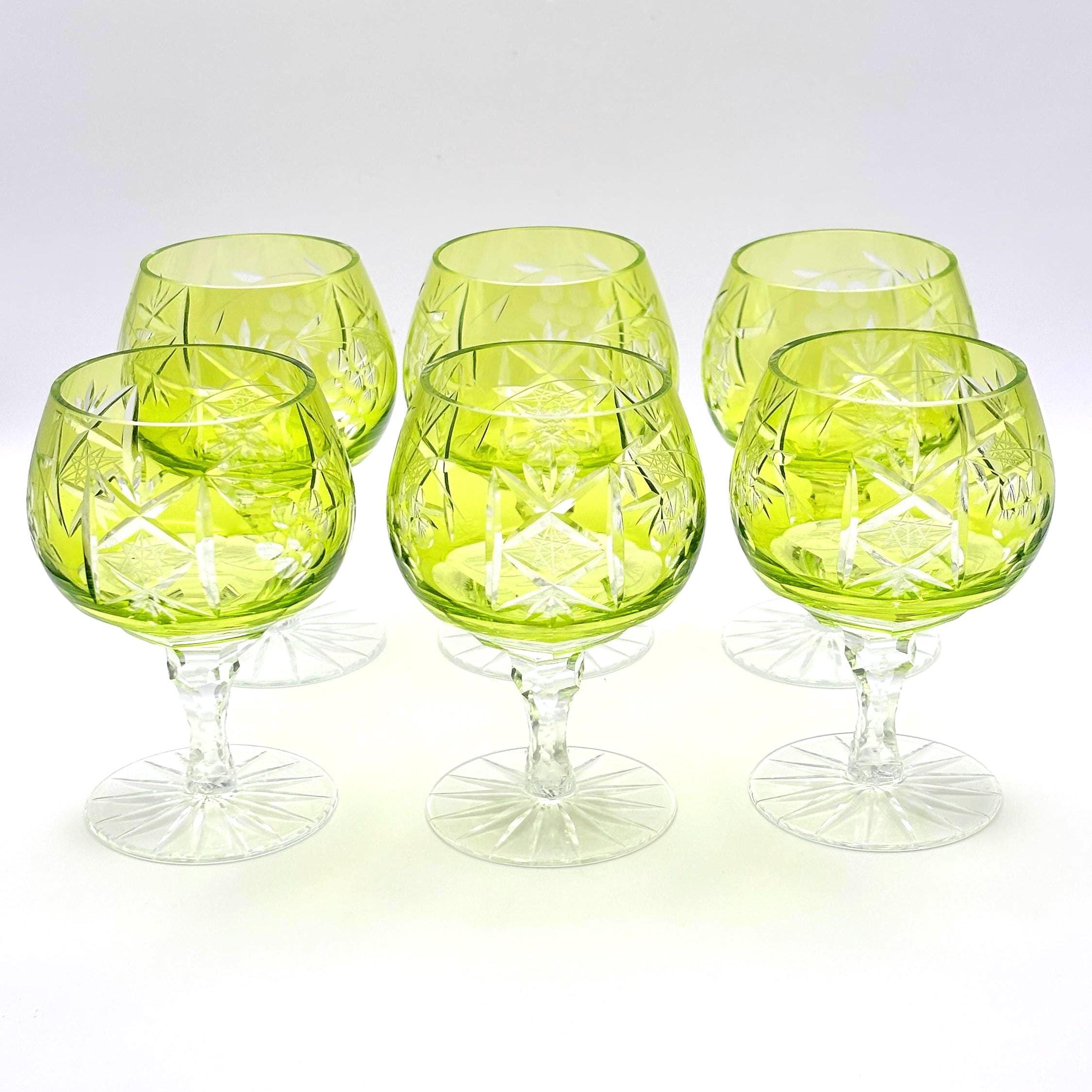 Set of 6 Bohemian Cut Crystal Cordial Glasses, Lime Green Barware (11.5 cm)