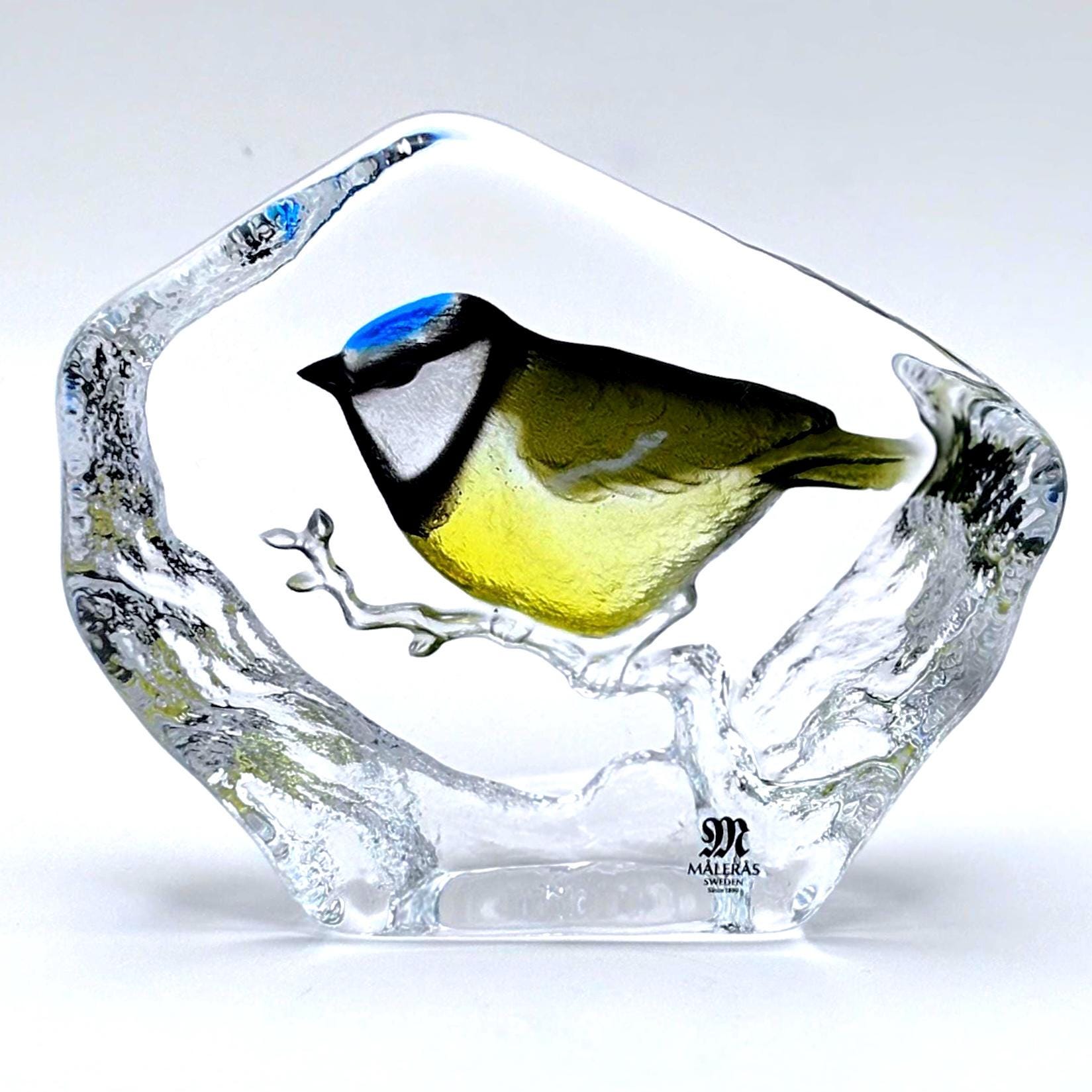 Mats Jonasson, Målerås, Crystal Blue Tit Bird Sculpture, Signed | Scandinavian Luxury Decor
