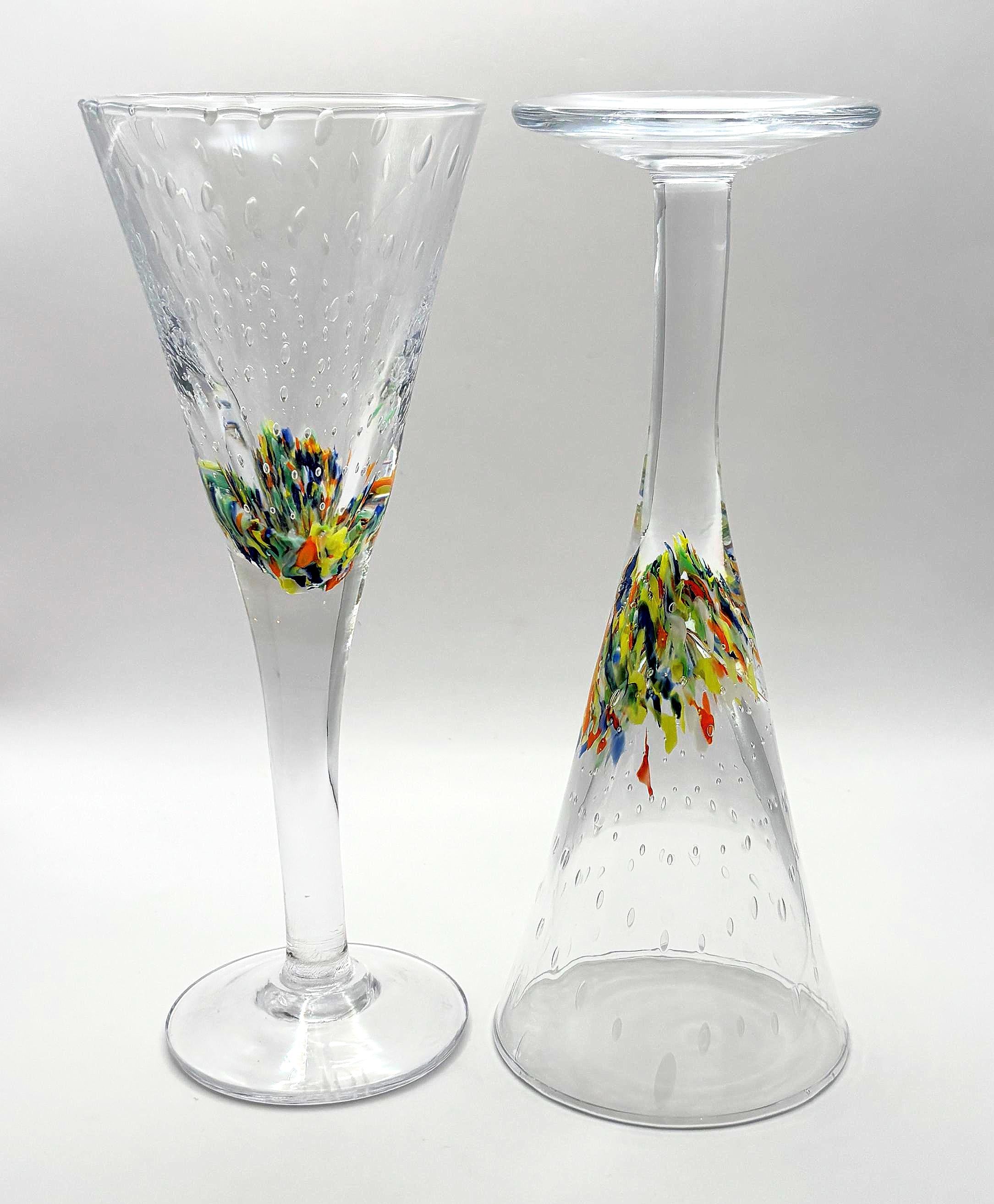 BIOT Champagne Flutes, Handblown SIGNED Bubble Glass, Multicolored Inclusions Barware