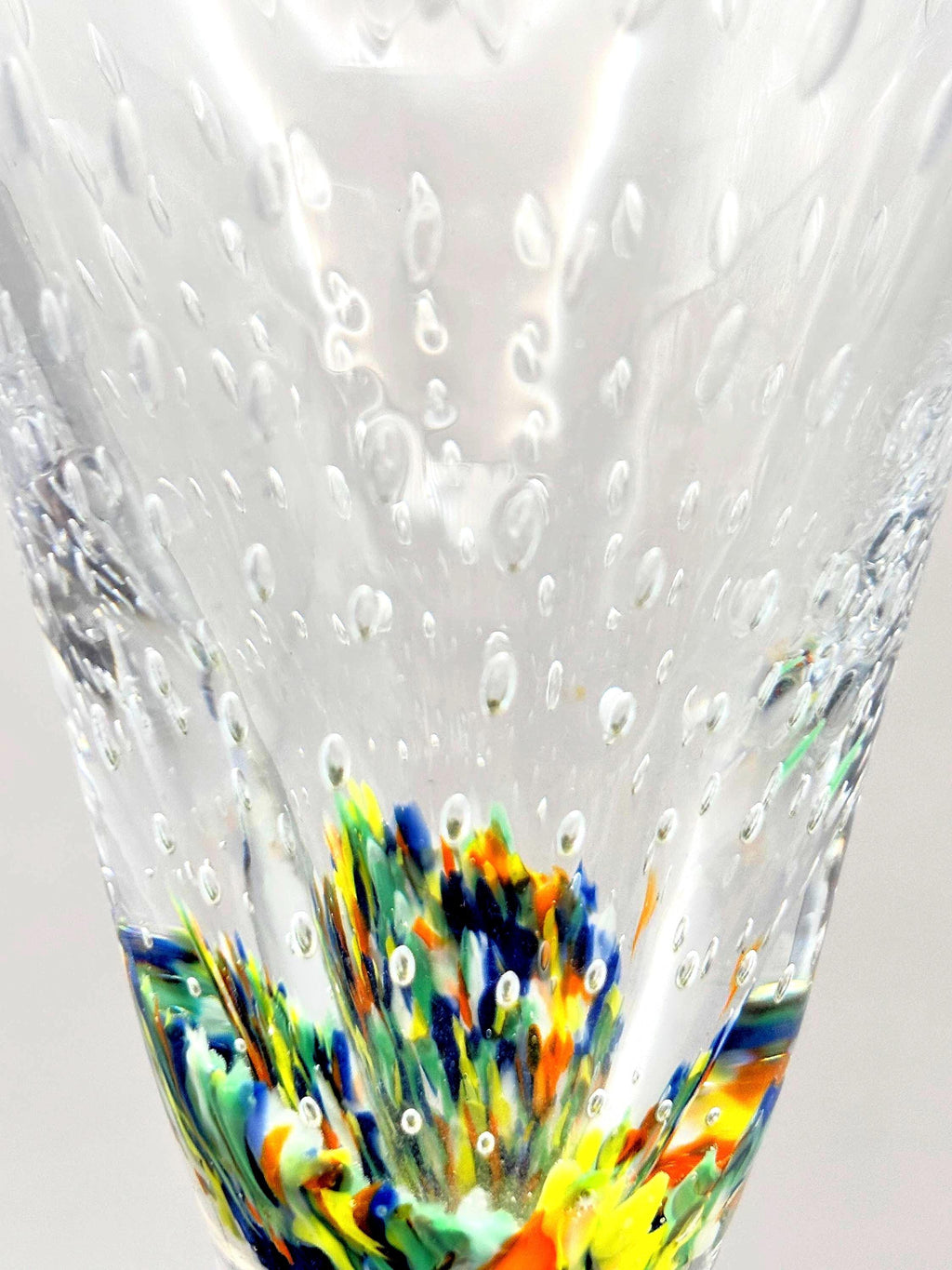 BIOT Champagne Flutes, Handblown SIGNED Bubble Glass, Multicolored Inclusions Barware