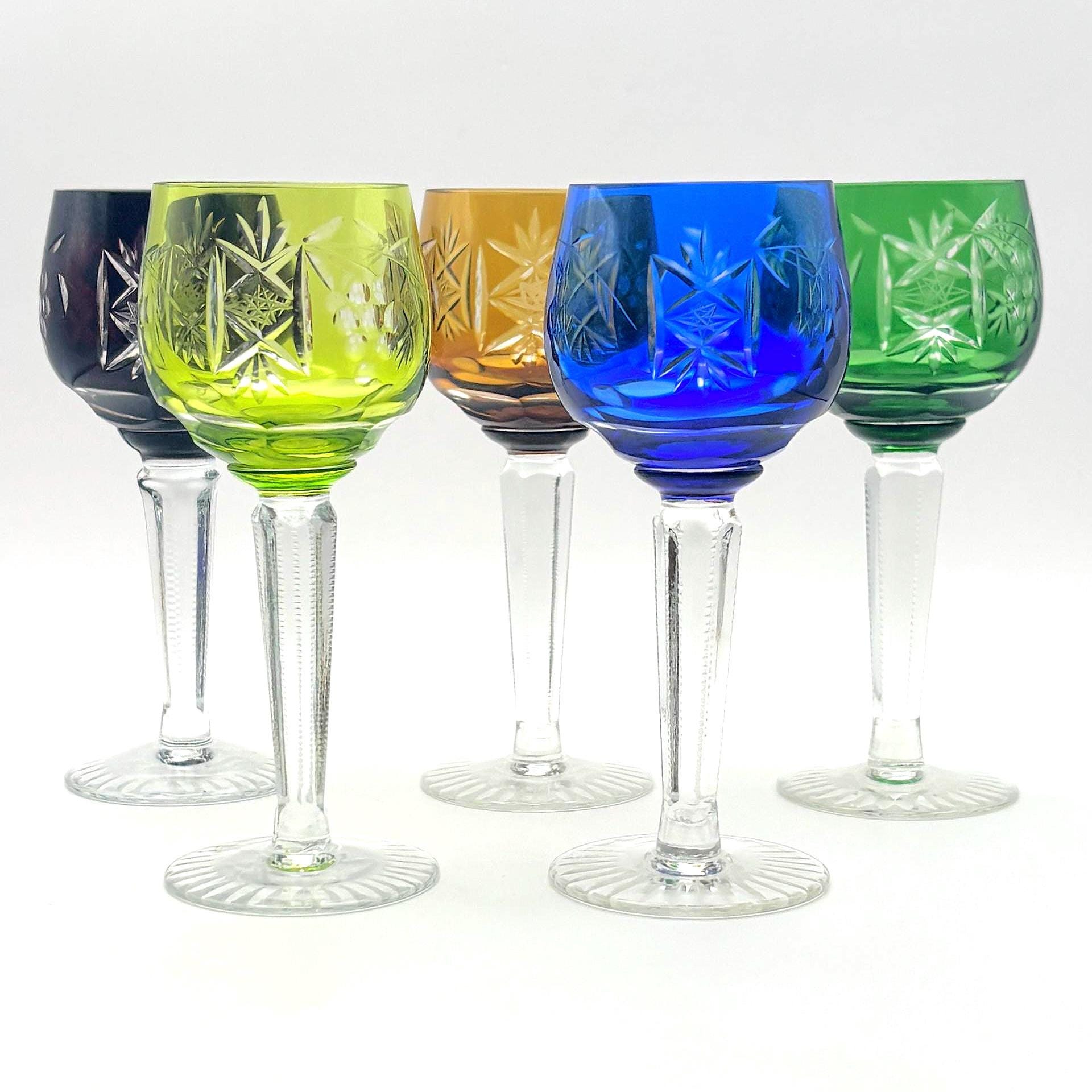 Bohemian, Set of 5 Colored Cut Crystal Cordial Glasses | Hand Cut Czech Crystal, 12.5 cm