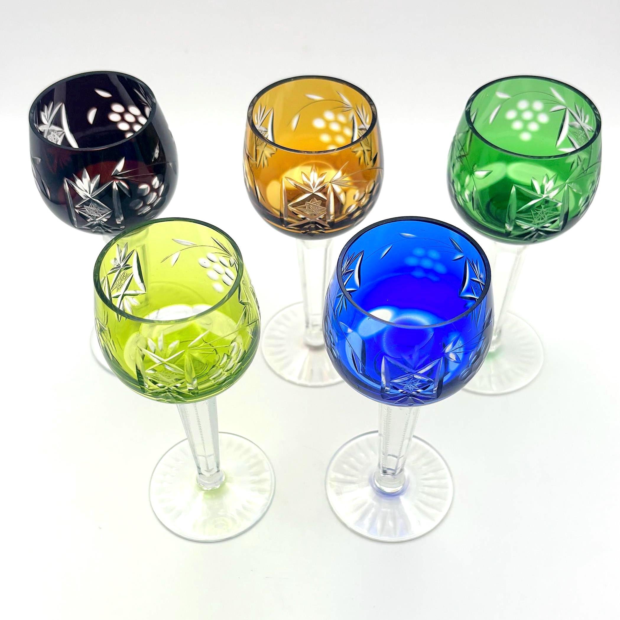 Bohemian, Set of 5 Colored Cut Crystal Cordial Glasses | Hand Cut Czech Crystal, 12.5 cm