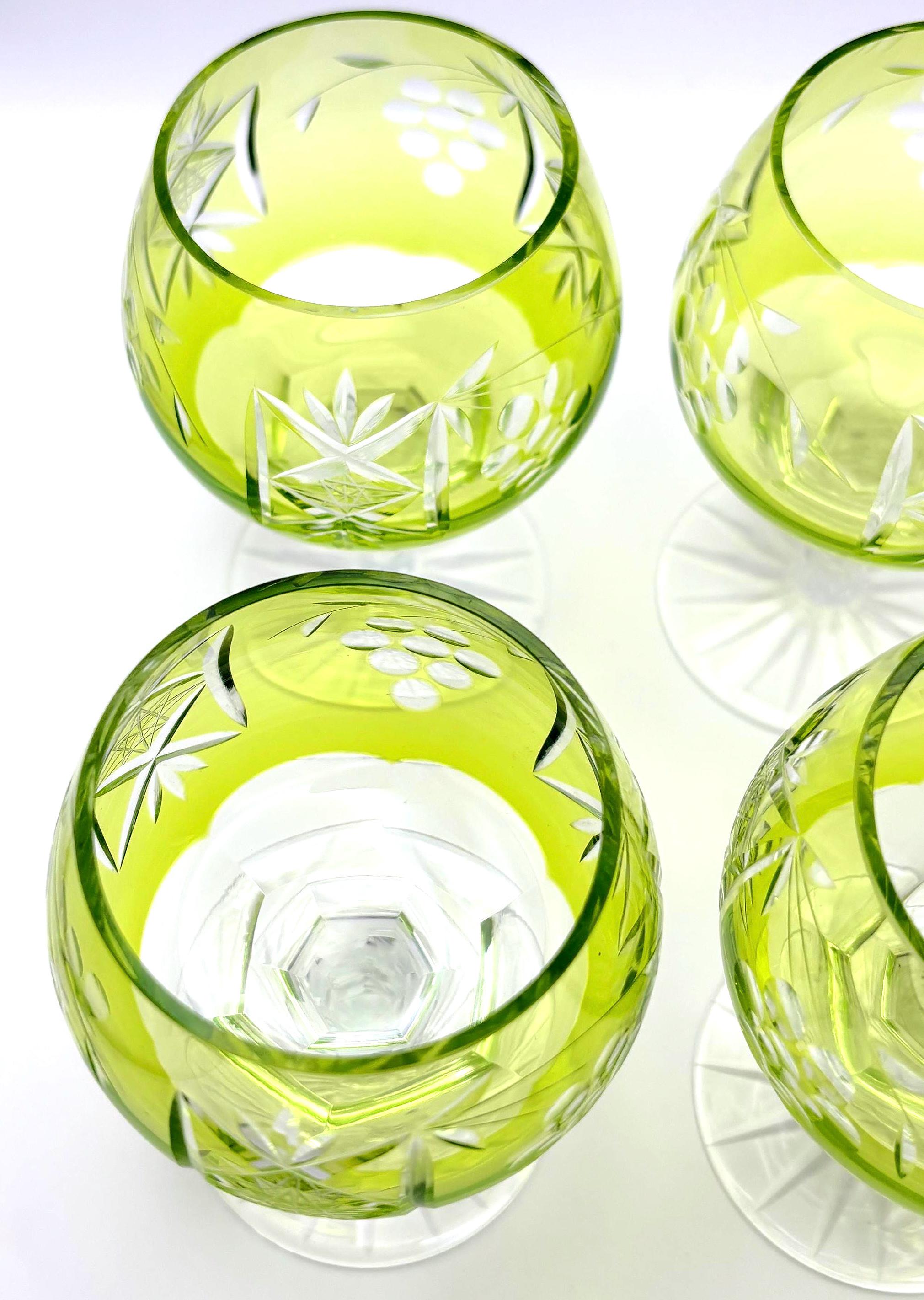 Set of 6 Bohemian Cut Crystal Cordial Glasses, Lime Green Barware (11.5 cm)