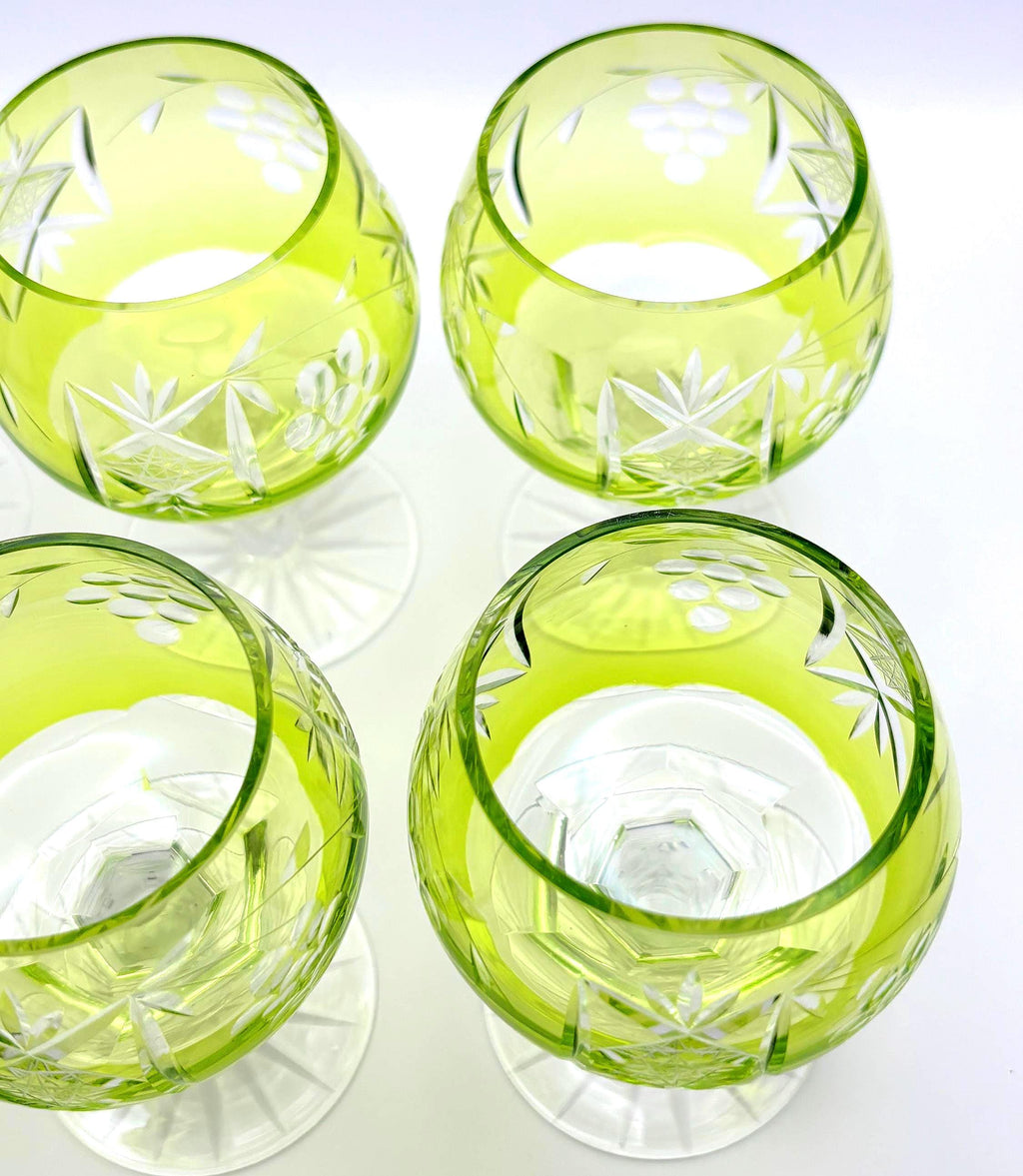 Set of 6 Bohemian Cut Crystal Cordial Glasses, Lime Green Barware (11.5 cm)
