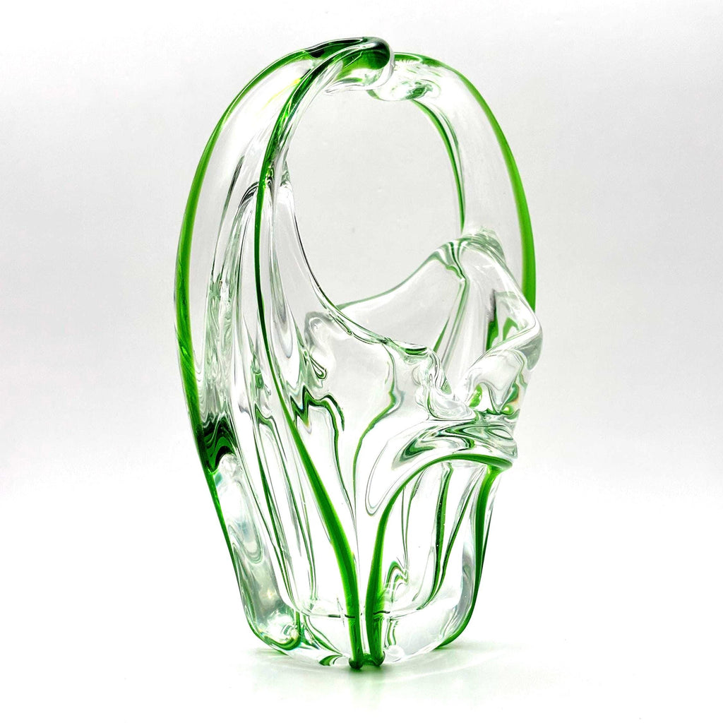 European Art Glass Basket Bowl Green & Clear Hand Blown Italian Glass Sculpture