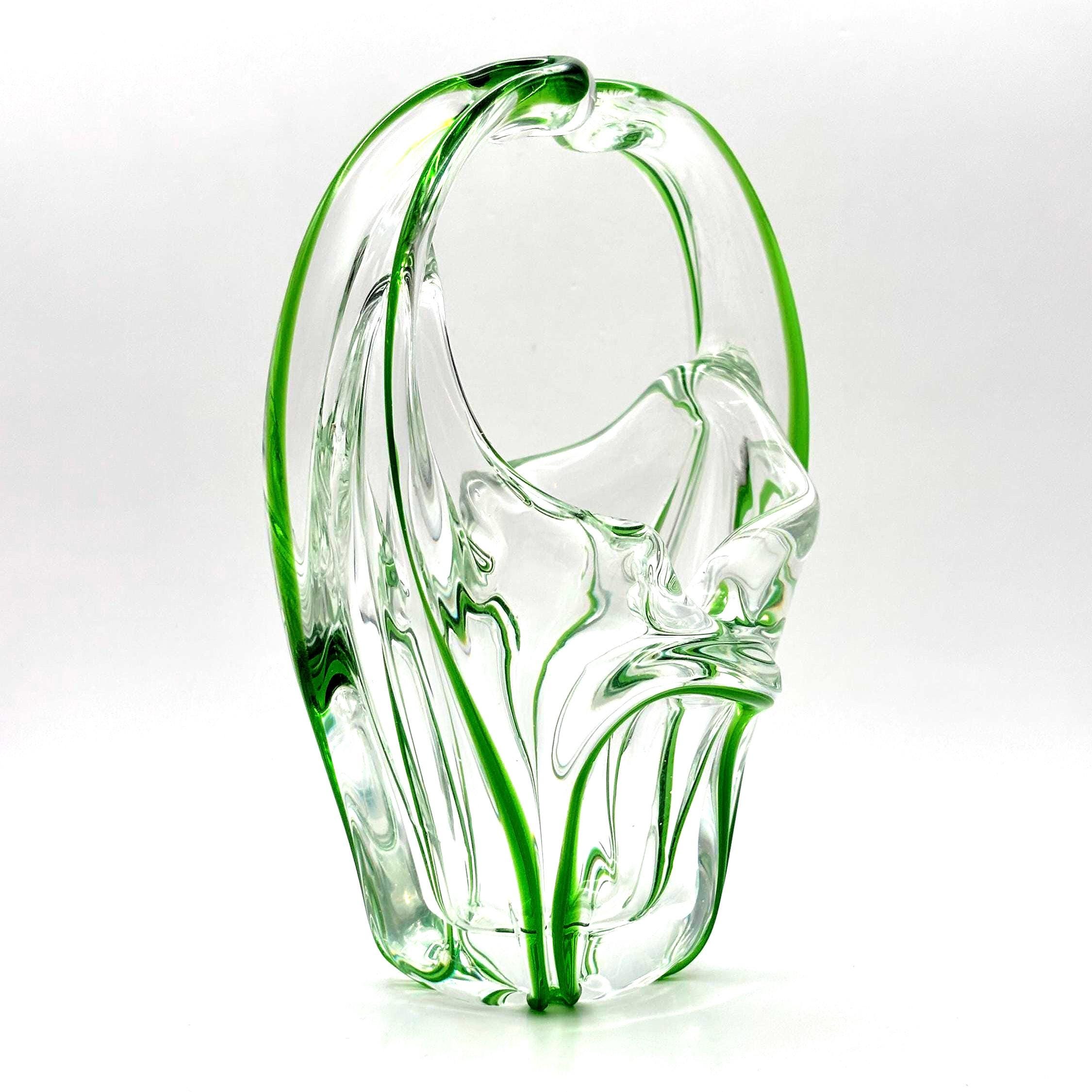 European Art Glass Basket Bowl Green & Clear Hand Blown Italian Glass Sculpture
