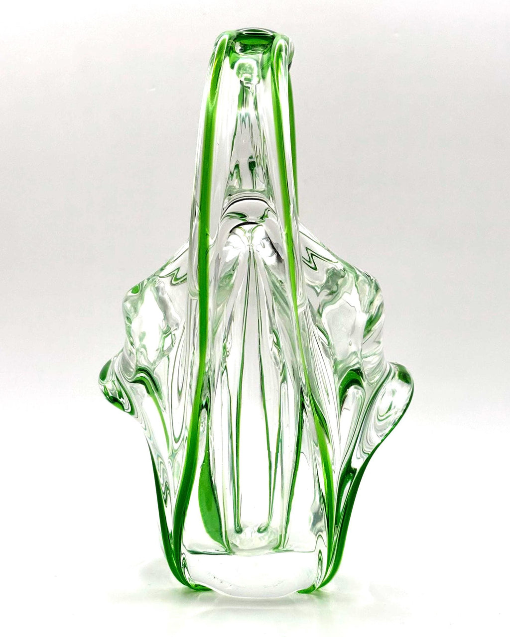 European Art Glass Basket Bowl Green & Clear Hand Blown Italian Glass Sculpture