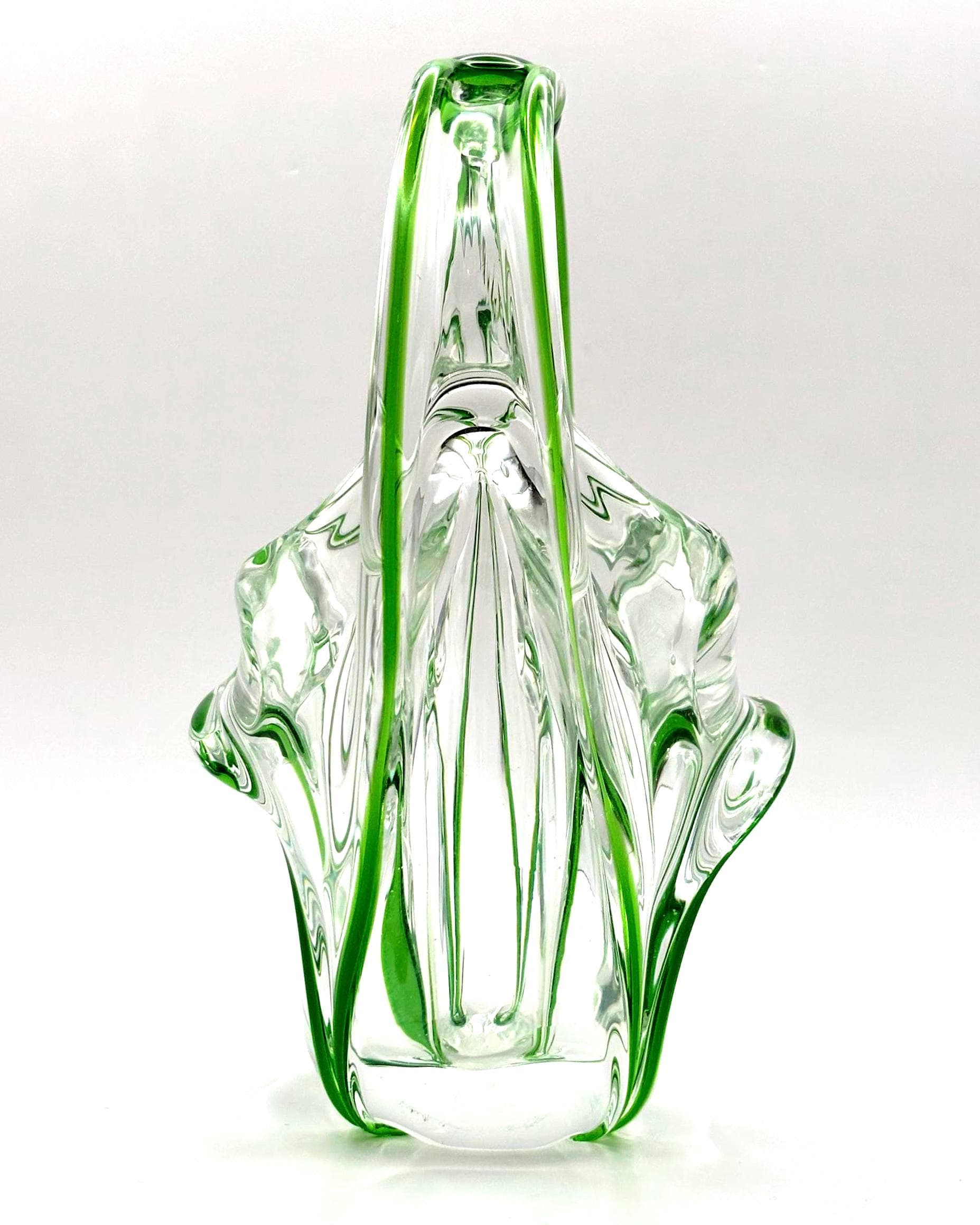European Art Glass Basket Bowl Green & Clear Hand Blown Italian Glass Sculpture