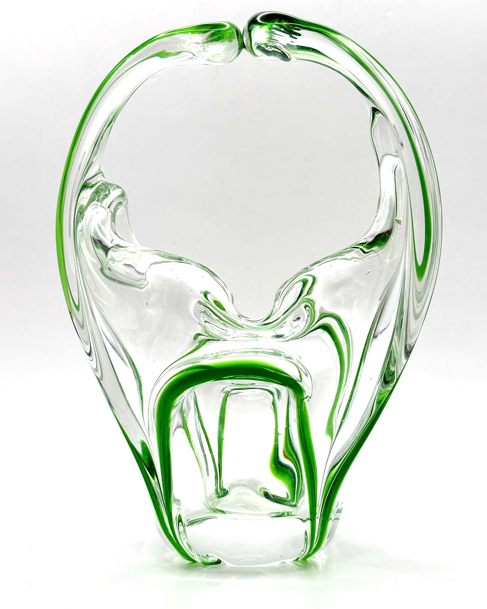 European Art Glass Basket Bowl Green & Clear Hand Blown Italian Glass Sculpture