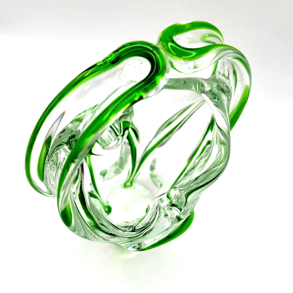 European Art Glass Basket Bowl Green & Clear Hand Blown Italian Glass Sculpture