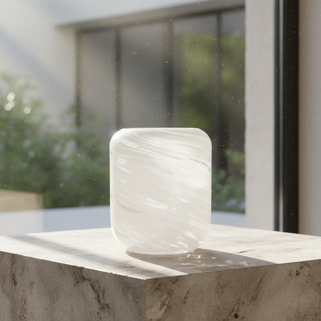 Vintage Murano, Italy. Glass Vase with Gold Inclusions – White Swirl Opaline Glass