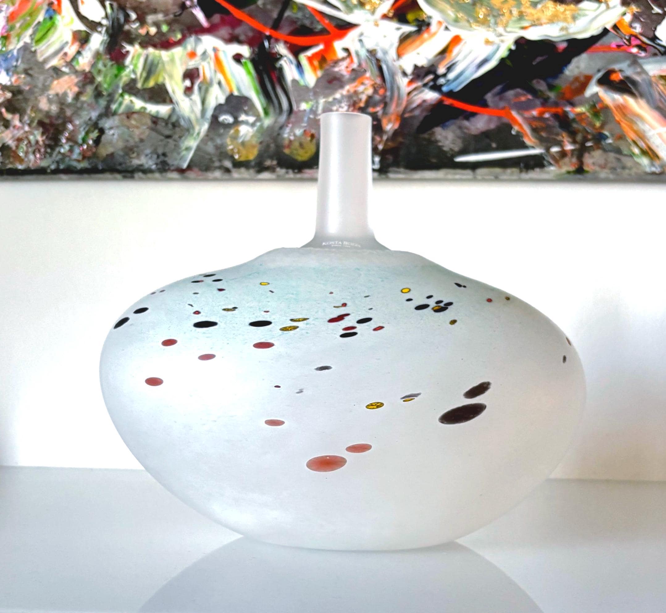 Bertil Vallien, Limited Edition Kosta Boda Art Glass Vase – SIBYART, Frosted White, Multicolor Inclusions