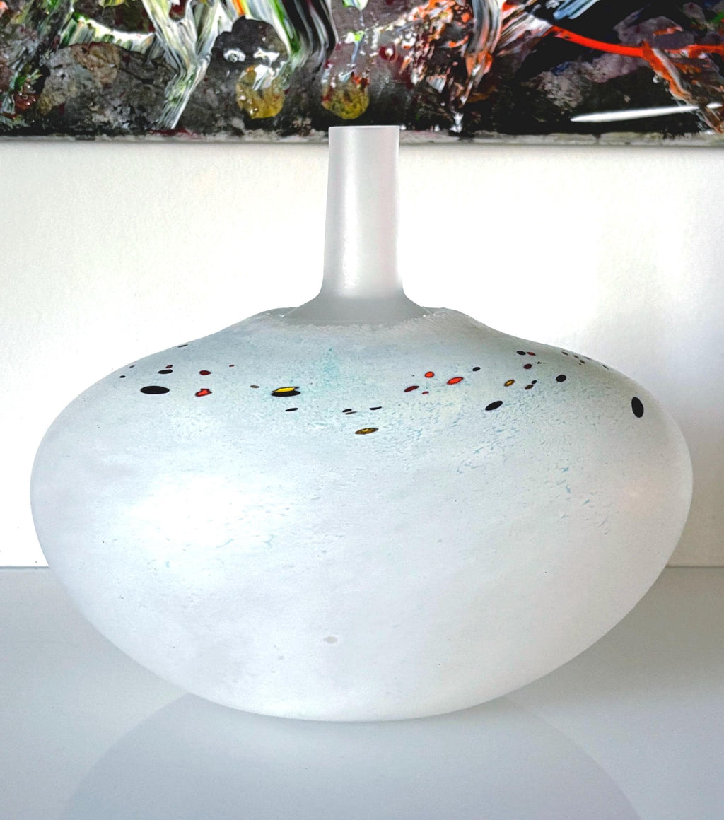 Bertil Vallien, Limited Edition Kosta Boda Art Glass Vase – SIBYART, Frosted White, Multicolor Inclusions