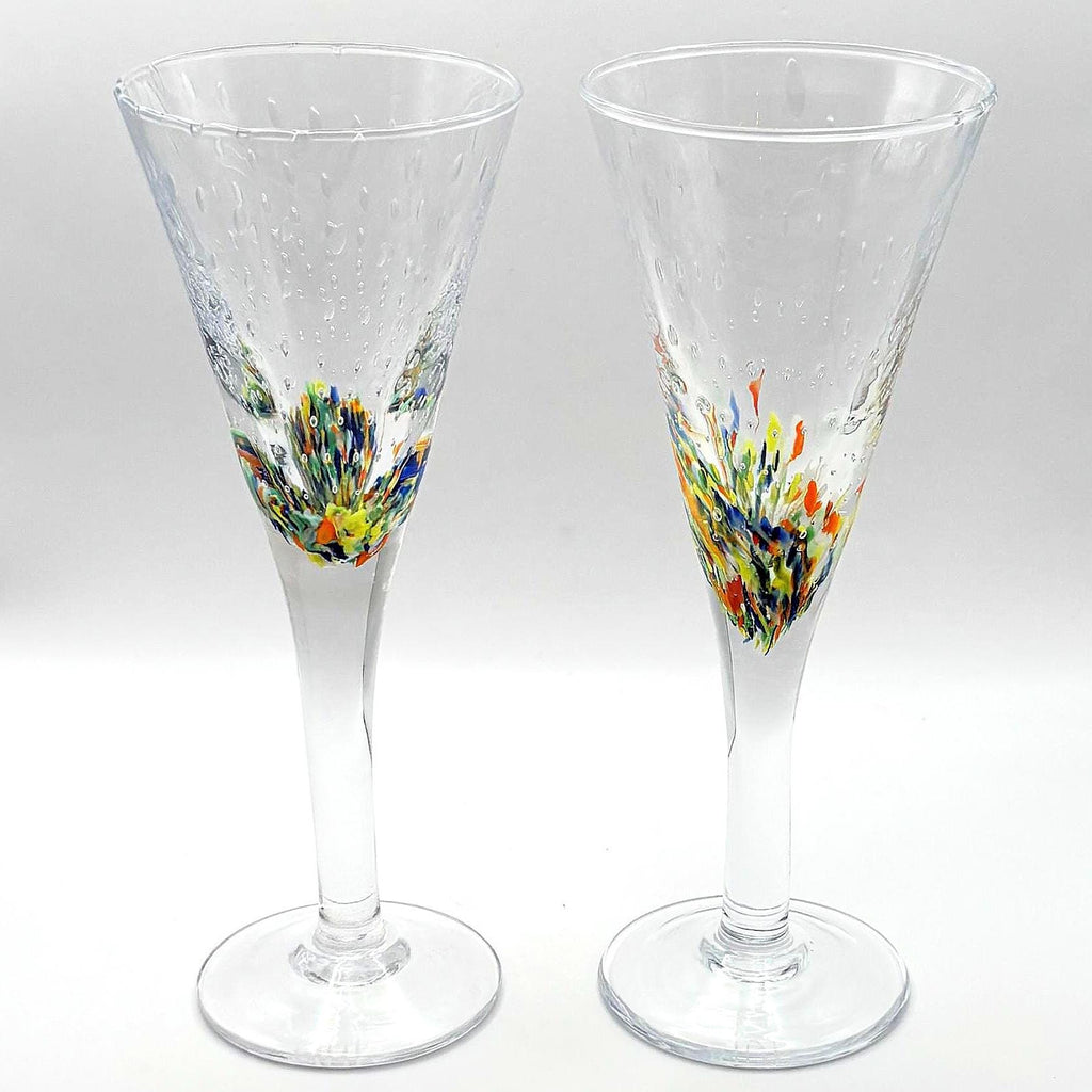 BIOT Champagne Flutes, Handblown SIGNED Bubble Glass, Multicolored Inclusions Barware