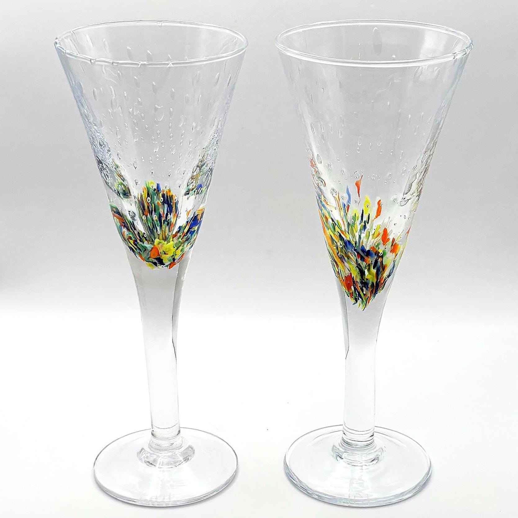 BIOT Champagne Flutes, Handblown SIGNED Bubble Glass, Multicolored Inclusions Barware