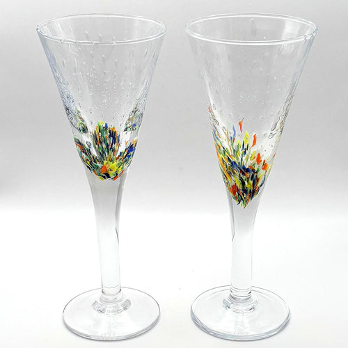 BIOT Champagne Flutes, Handblown SIGNED Bubble Glass, Multicolored Inclusions Barware