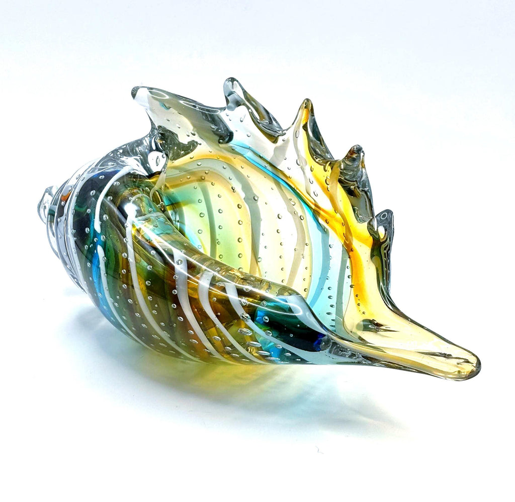 Murano Art Glass Seashell Sculpture – Italian Handblown Aqua Amber Sommerso Bowl