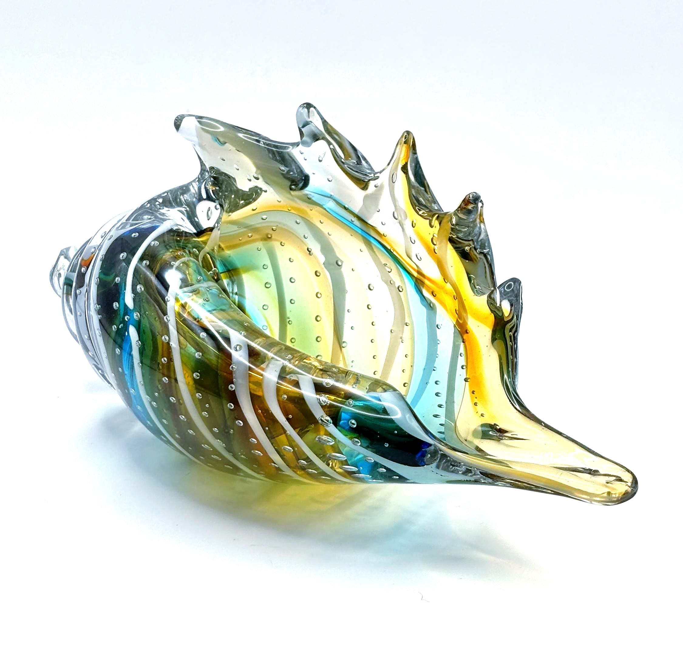 Murano Art Glass Seashell Sculpture – Italian Handblown Aqua Amber Sommerso Bowl